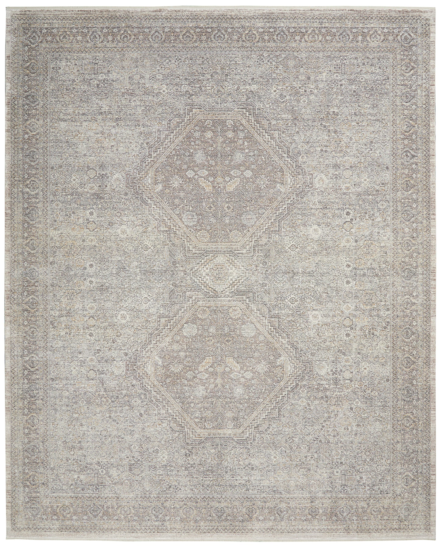 Muted gray and ivory oriental area rug with two large diamond medallions and a distressed vintage border.