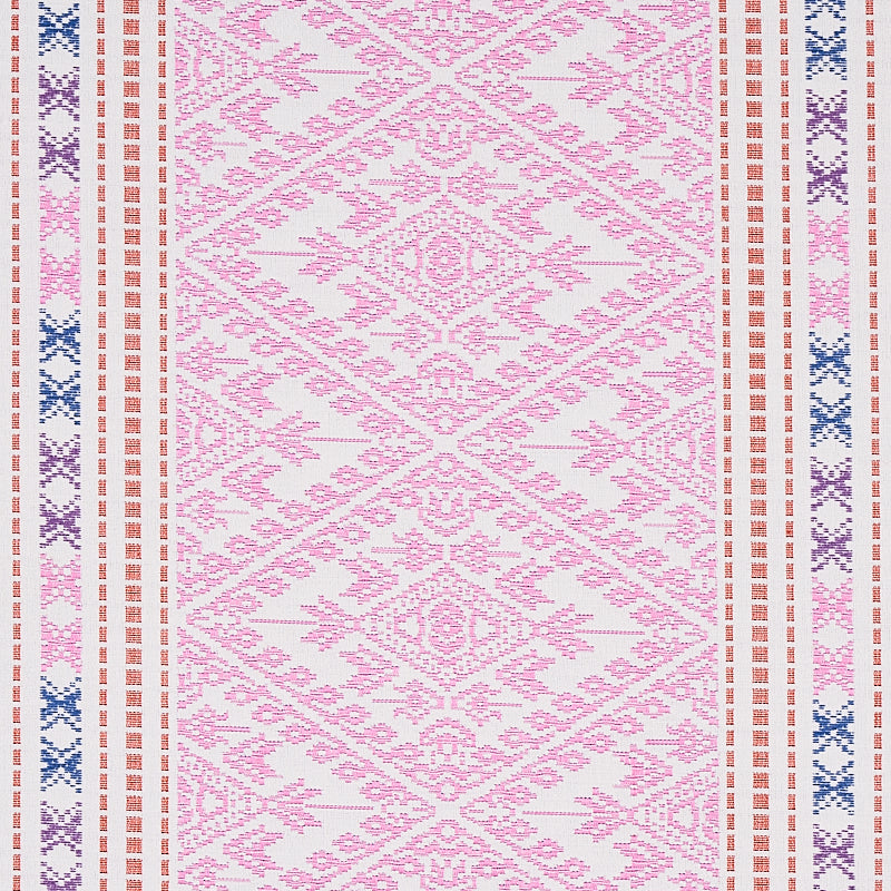 Decorative pink diamond-pattern rug on ivory background with brown border stripes and blue/purple accents.