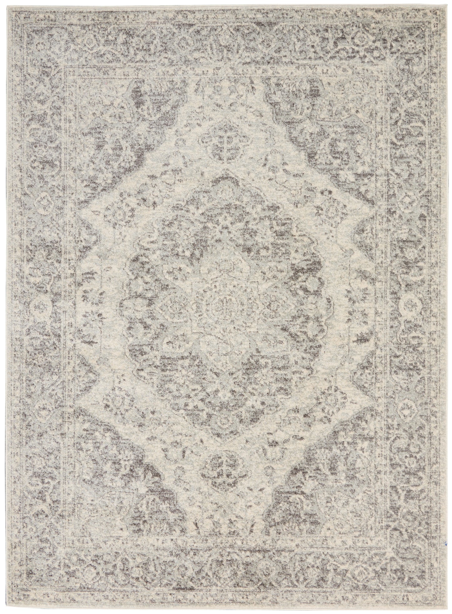 Distressed ivory and gray Persian-style rectangular area rug with a central medallion and ornate border.