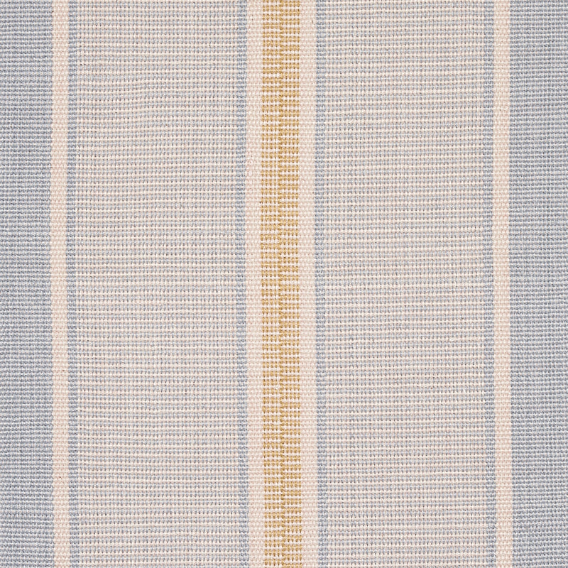 Woven striped fabric with pale blue, cream and gold vertical stripes; linen-like texture.