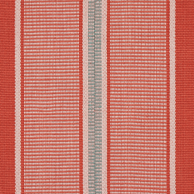 Red woven textile with vertical stripes, cream dotted panels and a pale blue-gray center band; rug or table runner.
