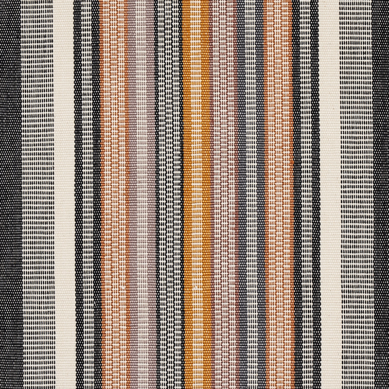 Woven striped textile with vertical black, beige, tan, rust, orange and grey stripes; rustic modern rug.