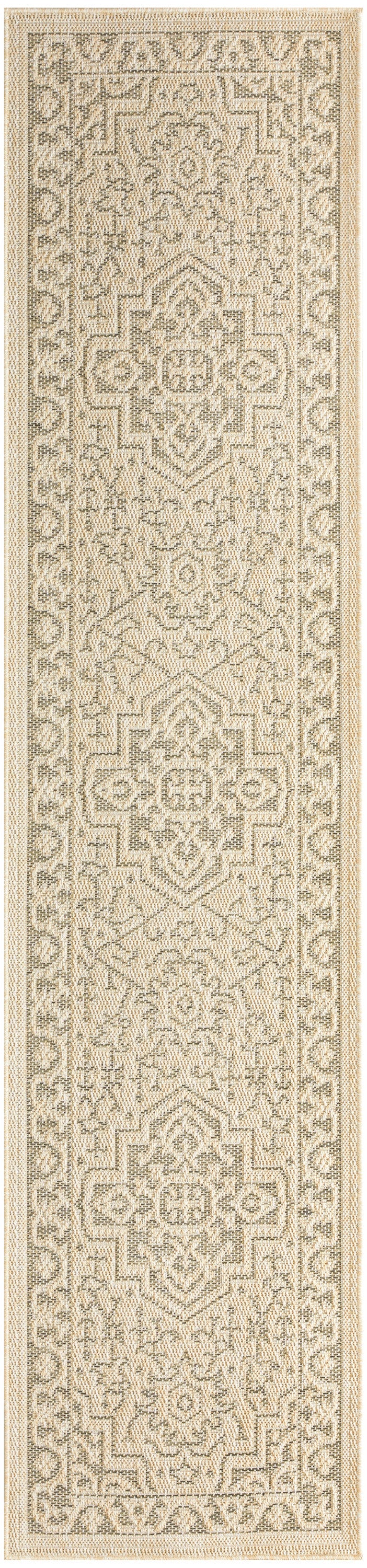 Beige outdoor 6' runner rug with gray geometric medallion motifs, woven texture, traditional style; ideal outdoor decor.