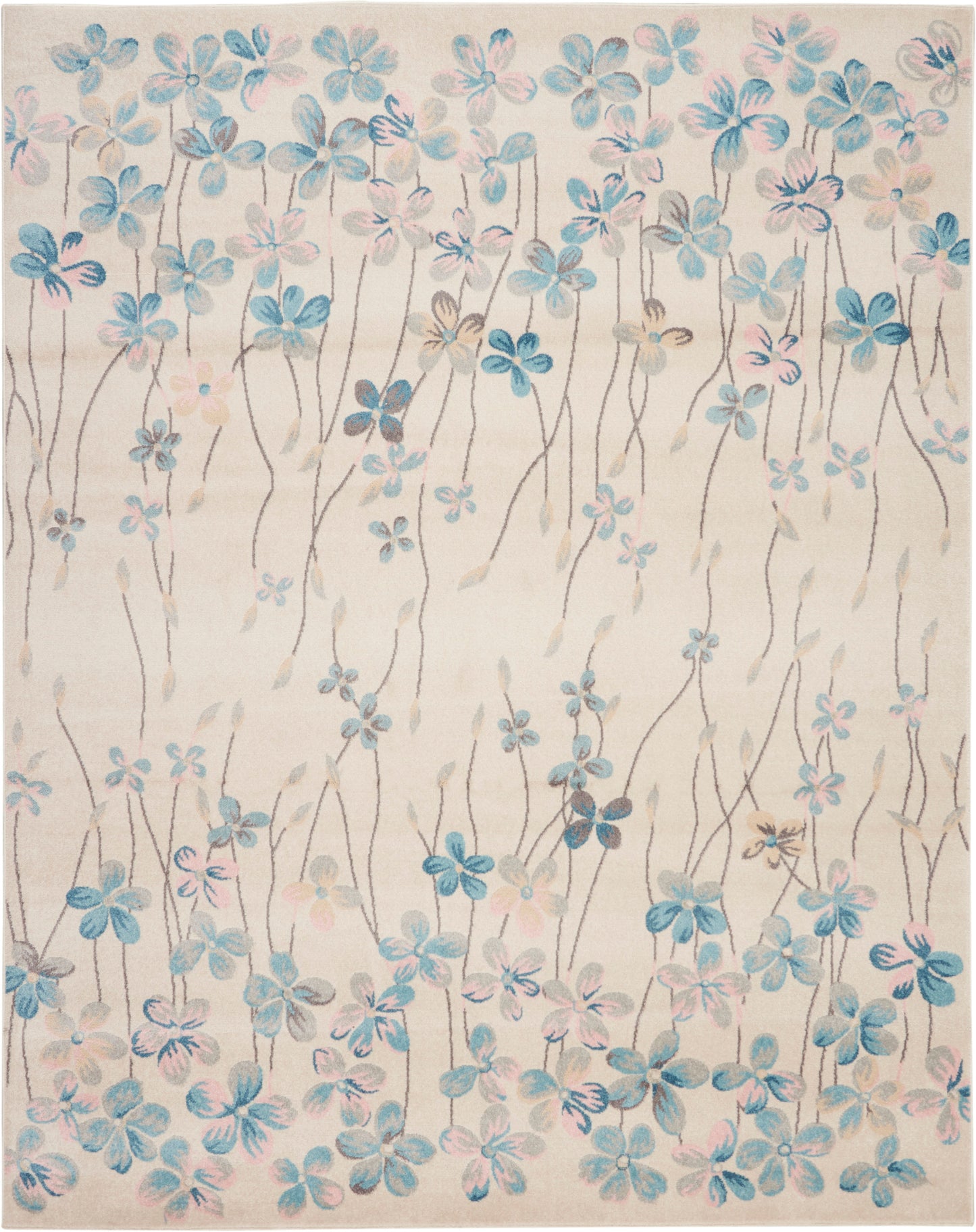 Cream rug with blue and pale pink floral vines and long slender brown stems in a watercolor-style pattern.