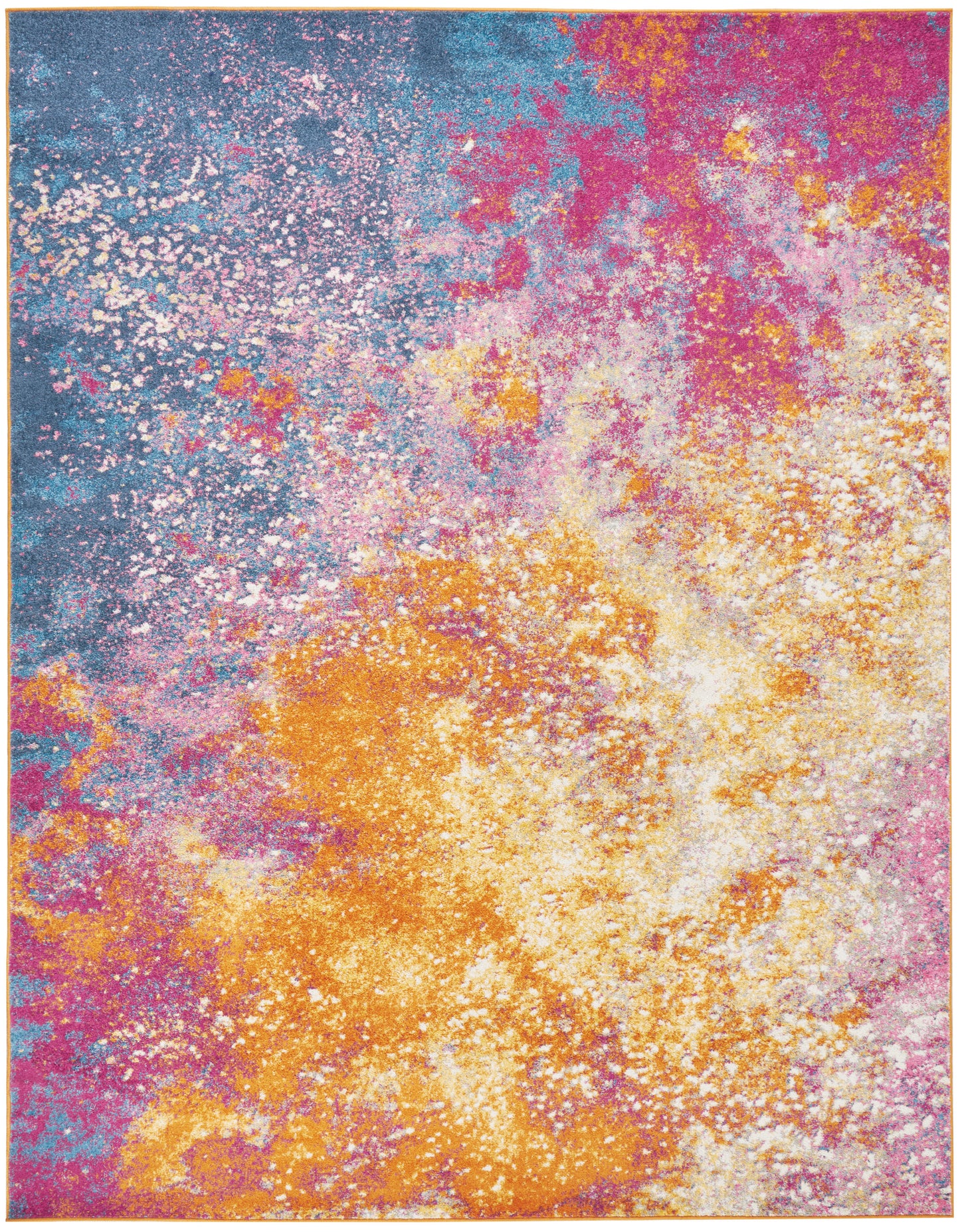 Vibrant abstract rug with blue, pink, purple, orange & yellow splotches and speckled texture.