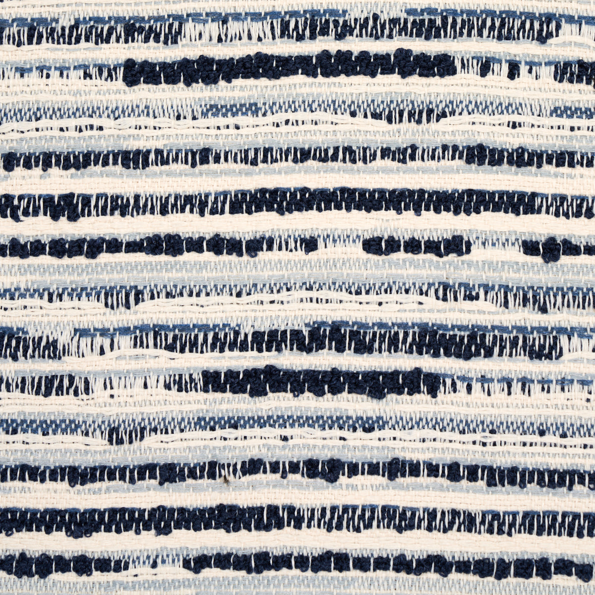 Navy blue and white striped indoor/outdoor pattern woven fabric with irregular horizontal bands and a textured coastal look.