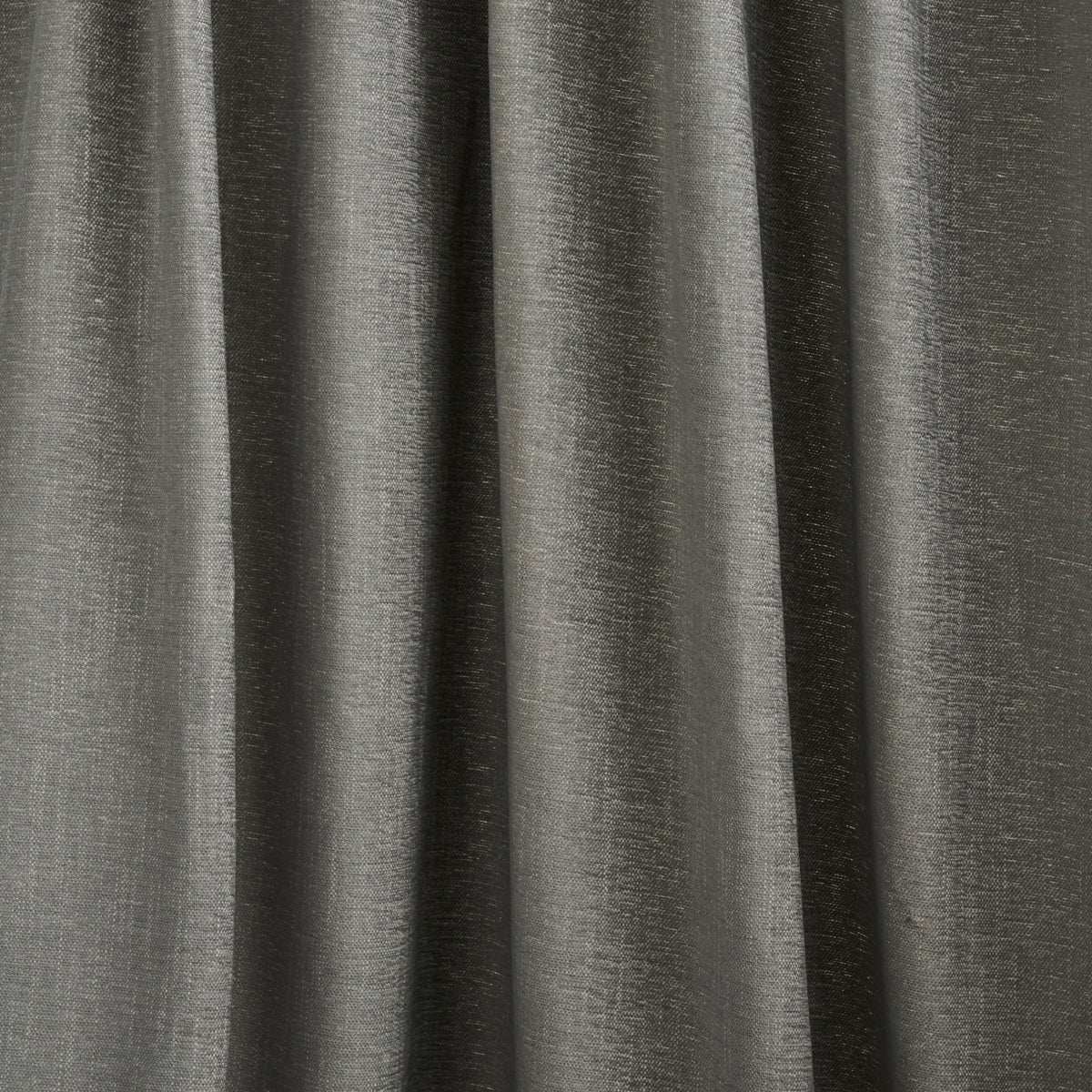 Charcoal gray curtain fabric with vertical folds and subtle sheen.
