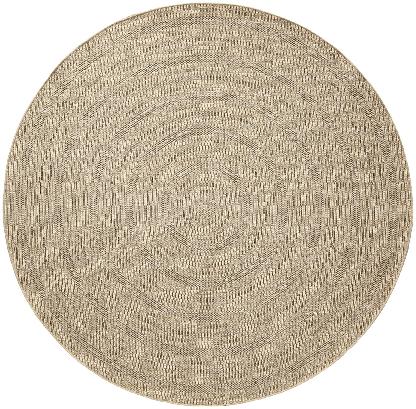 Natural beige round outdoor rug with concentric woven rings, flat and versatile.
