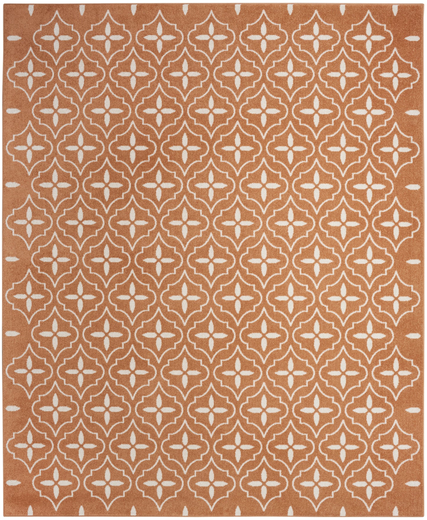 Terracotta-colored rug with a white Moroccan trellis lattice pattern, repeating across the surface.