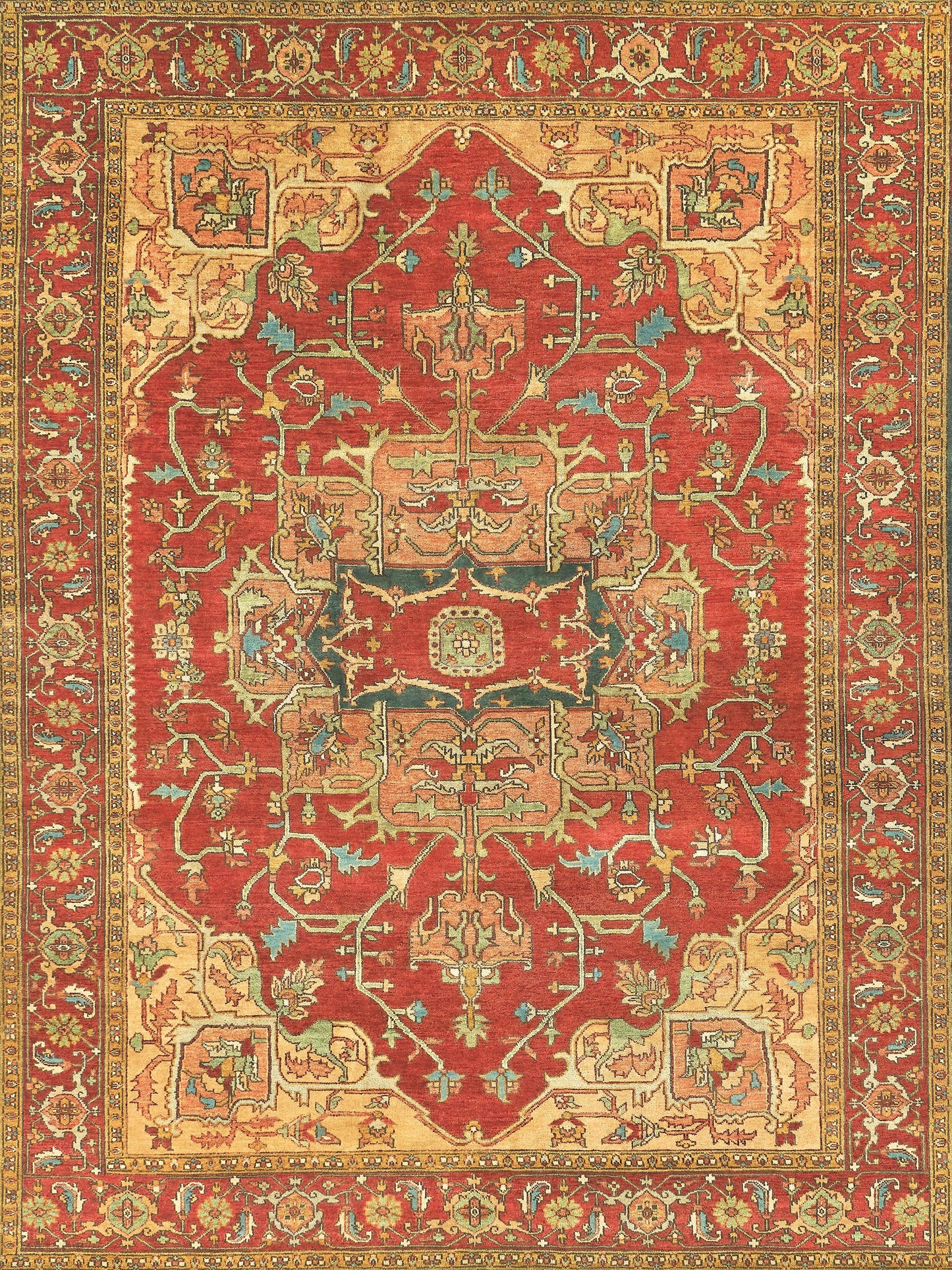 Red and gold area rug with intricate floral and geometric patterns, featuring blue accents and a classic Middle Eastern design.