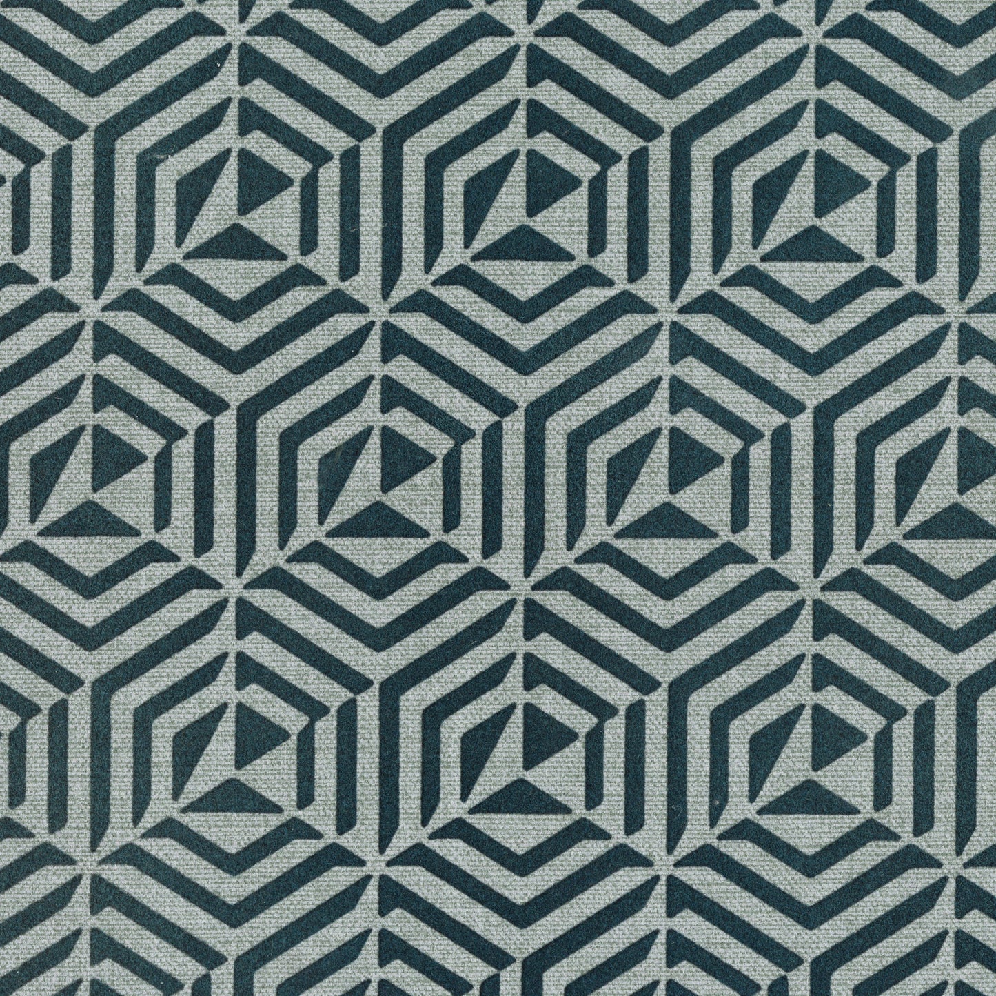 Teal geometric diamond lattice on light gray textured fabric; retro-modern upholstery/wallpaper pattern.