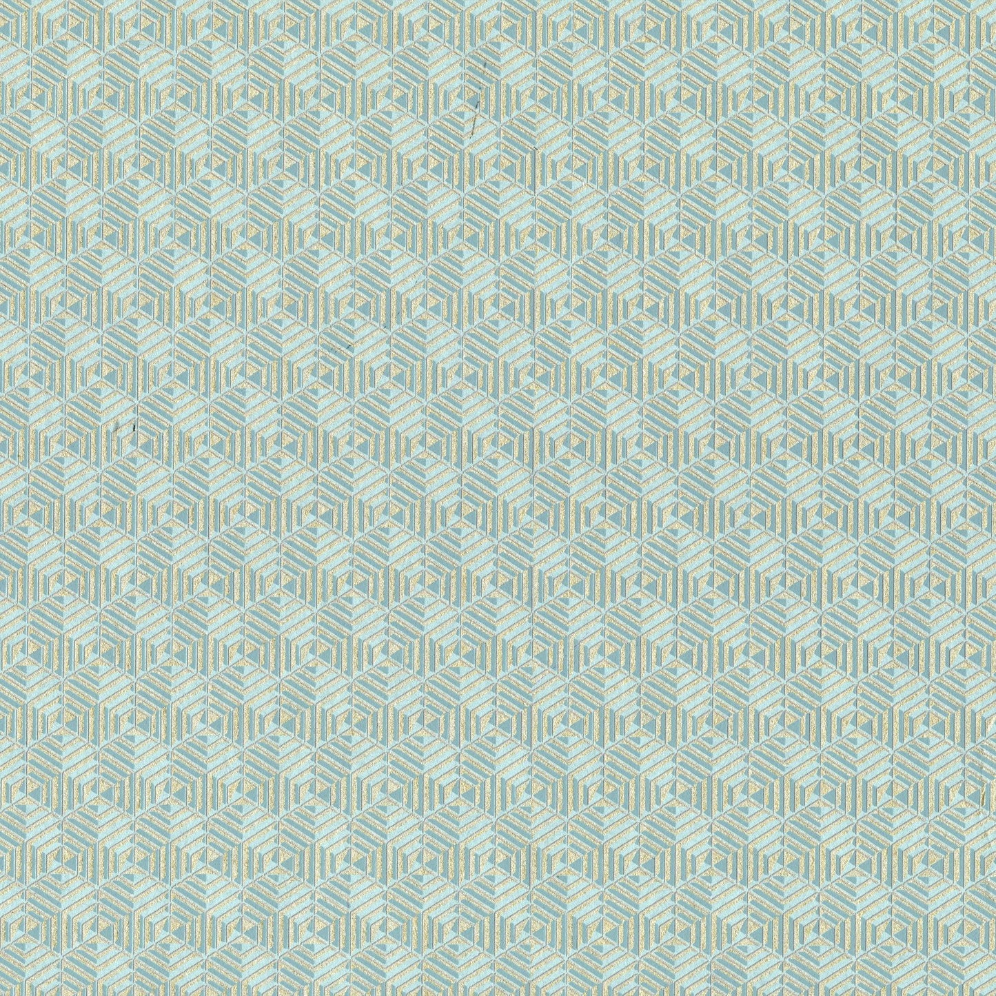 Repeating geometric cube pattern wallpaper in pale blue and cream tones.
