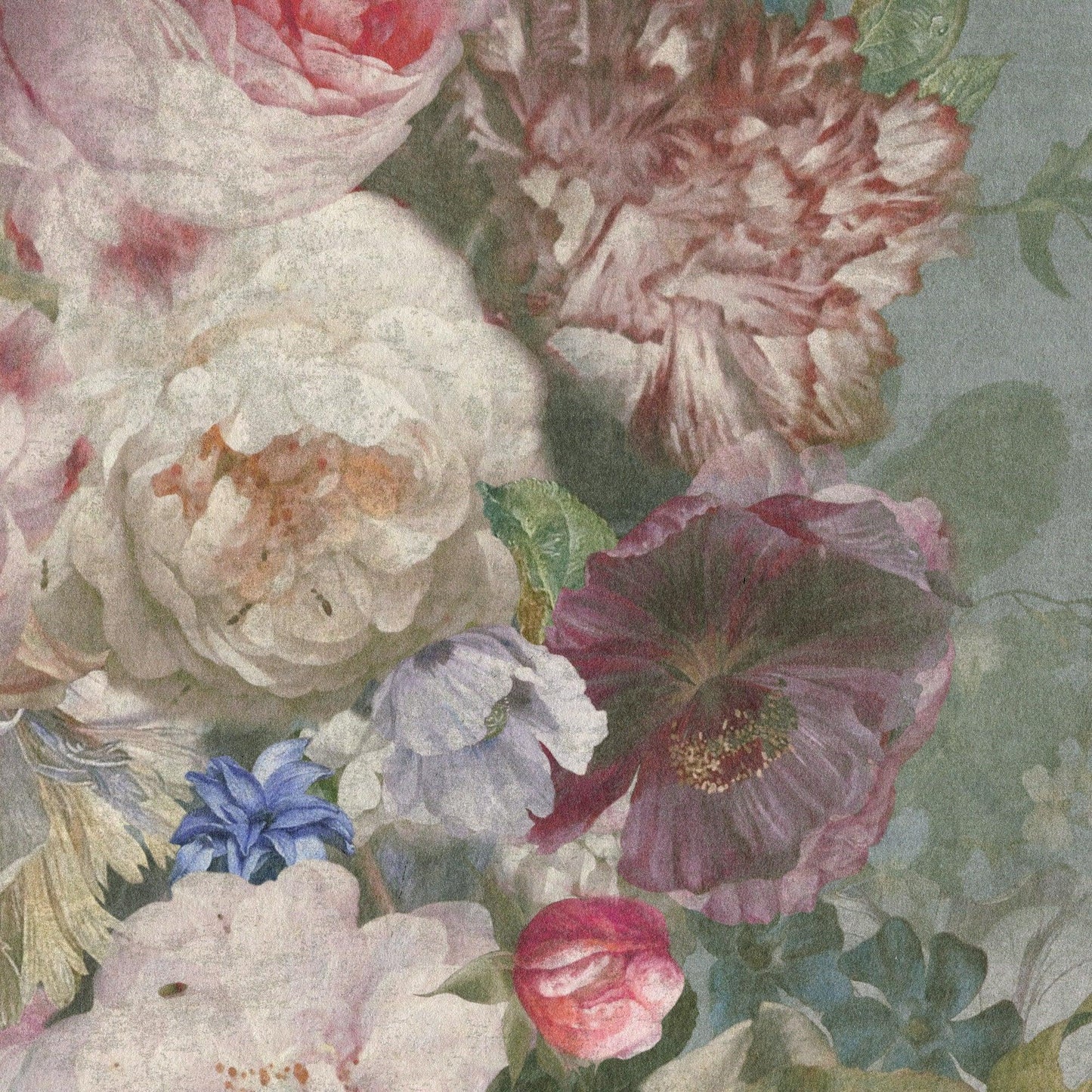 Vintage floral textile print with large pink, white and purple blossoms and green leaves on pale blue fabric texture.