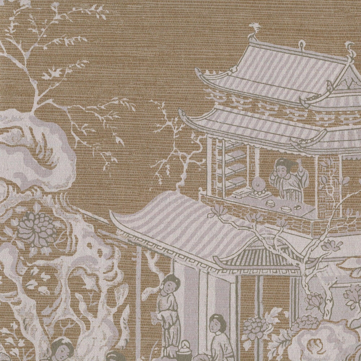Beige and ivory textile print of a traditional Chinese garden with pagoda-style pavilions, trees and seated figures.