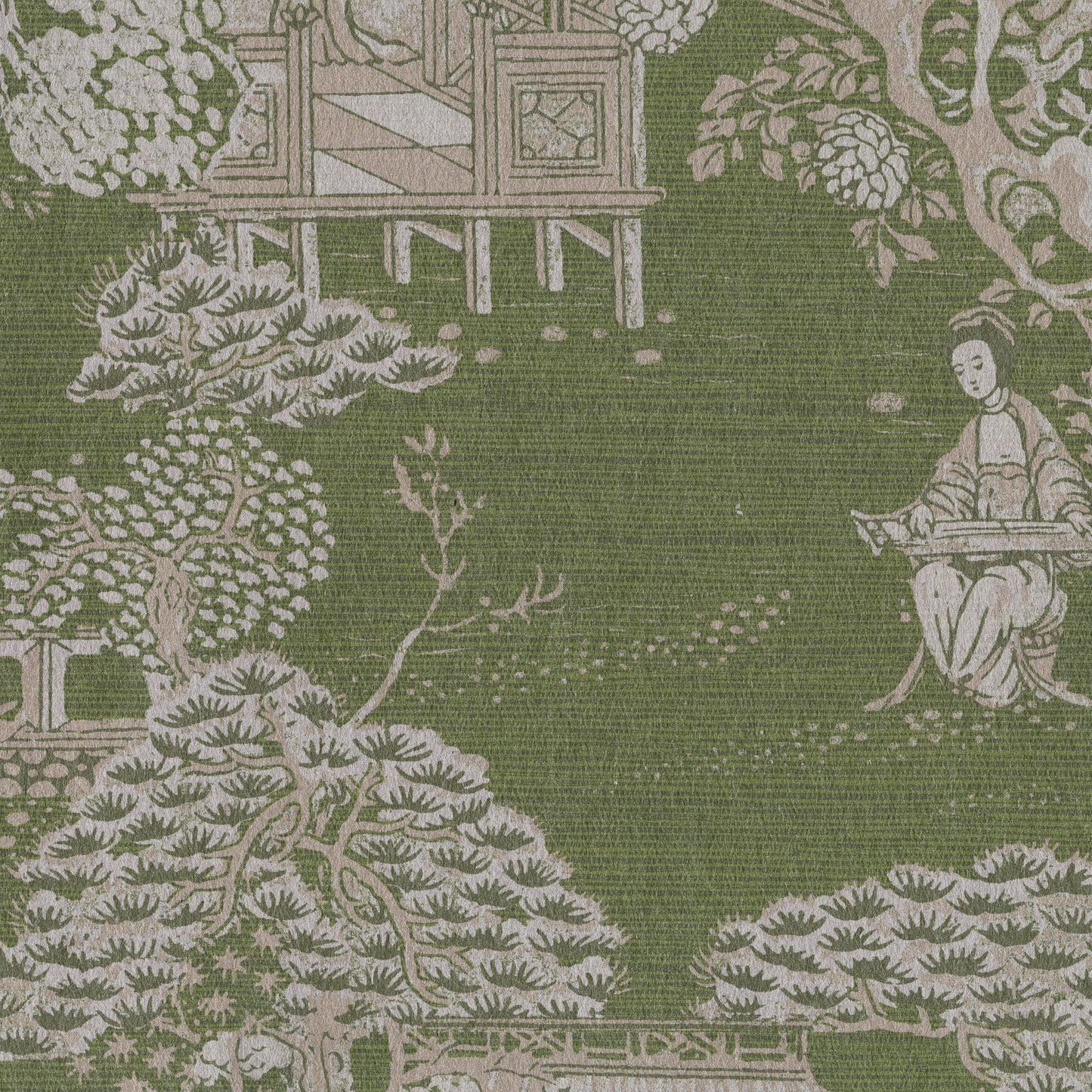 Pastoral tapestry print, olive green & ivory, featuring trees, a raised wooden terrace, and a seated figure.