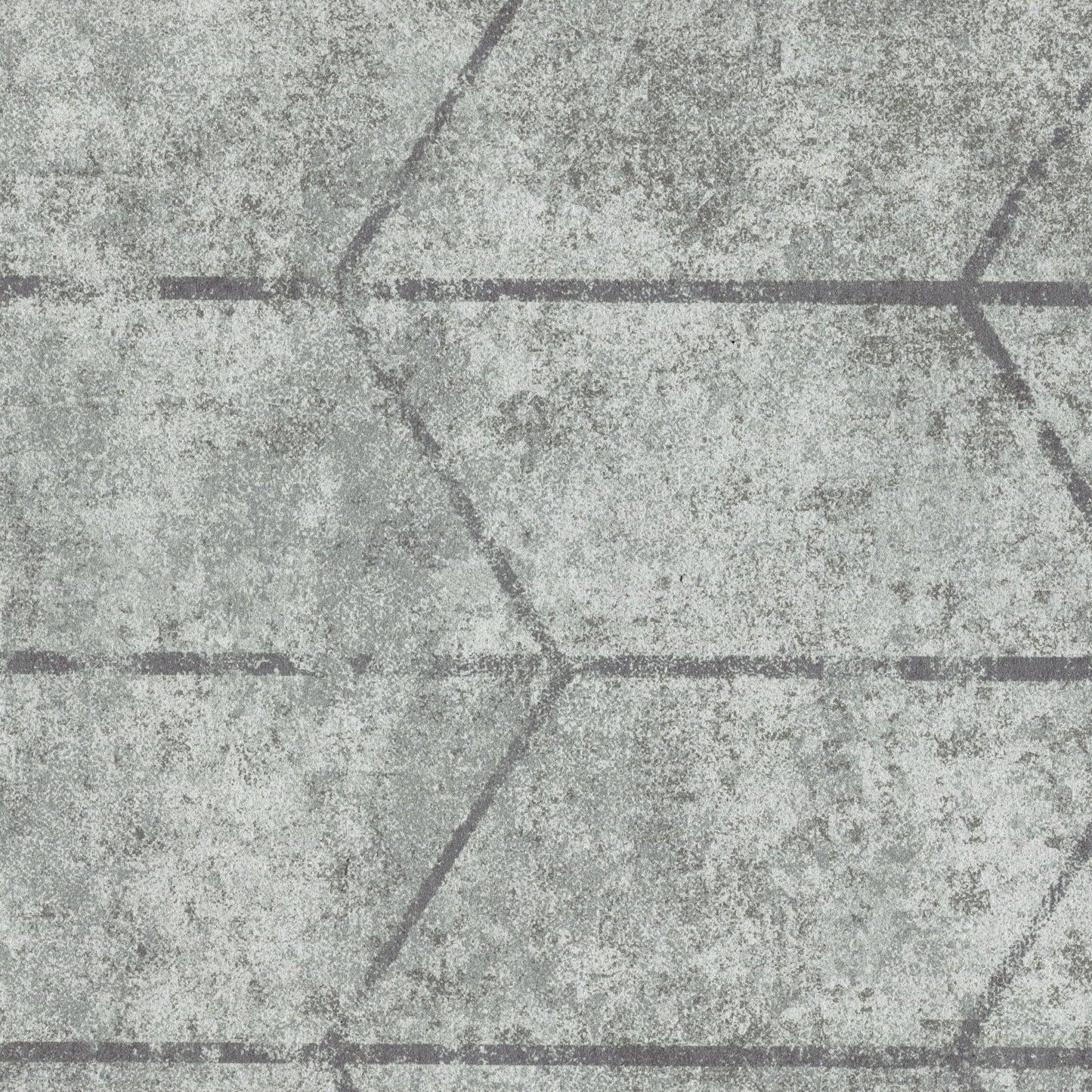 Gray distressed rug with concrete-like texture and subtle purple chevron geometric pattern.