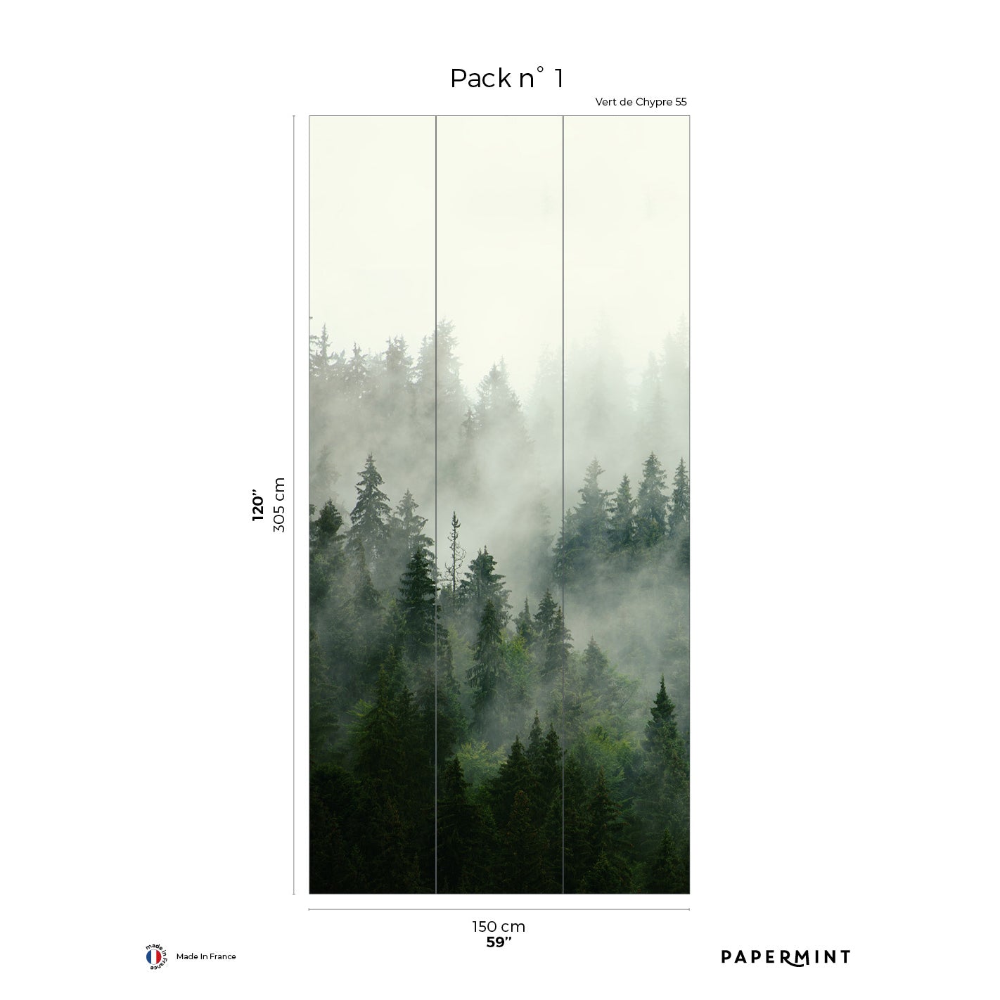 Pack 1 triptych wall art: misty green forest across three vertical panels, 150 cm wide x 305 cm high.