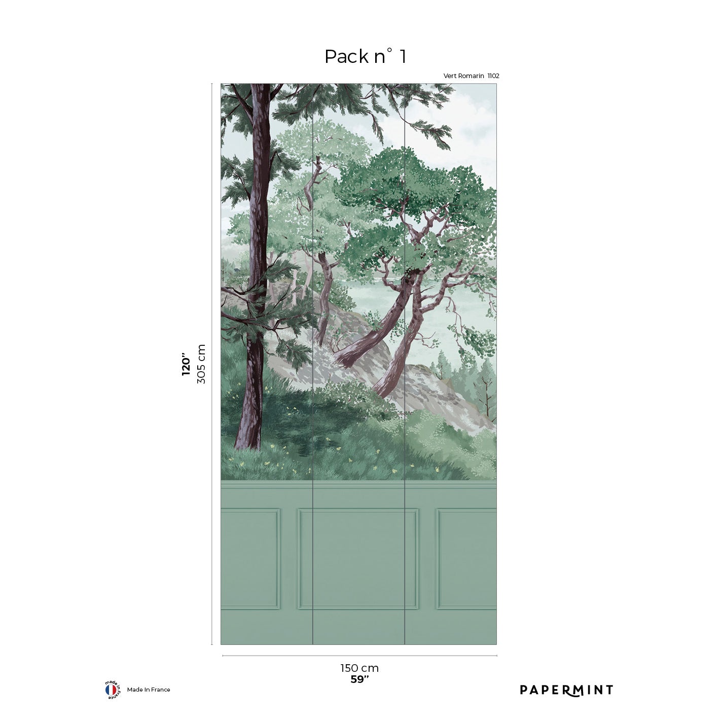 Pack n°1 vertical forest mural with green trees over mint paneled base, ideal wall art or room divider.