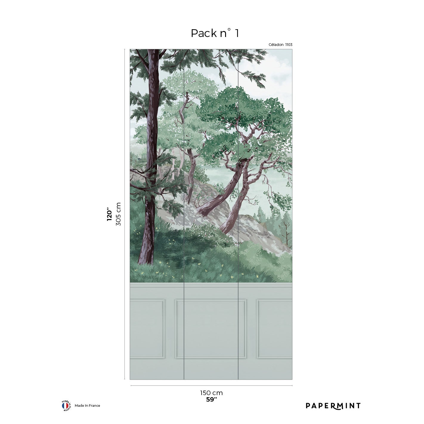Forest panorama wallpaper mural with tall trees and green foliage above gray paneled base; 150 cm wide by 305 cm tall, Pack 1