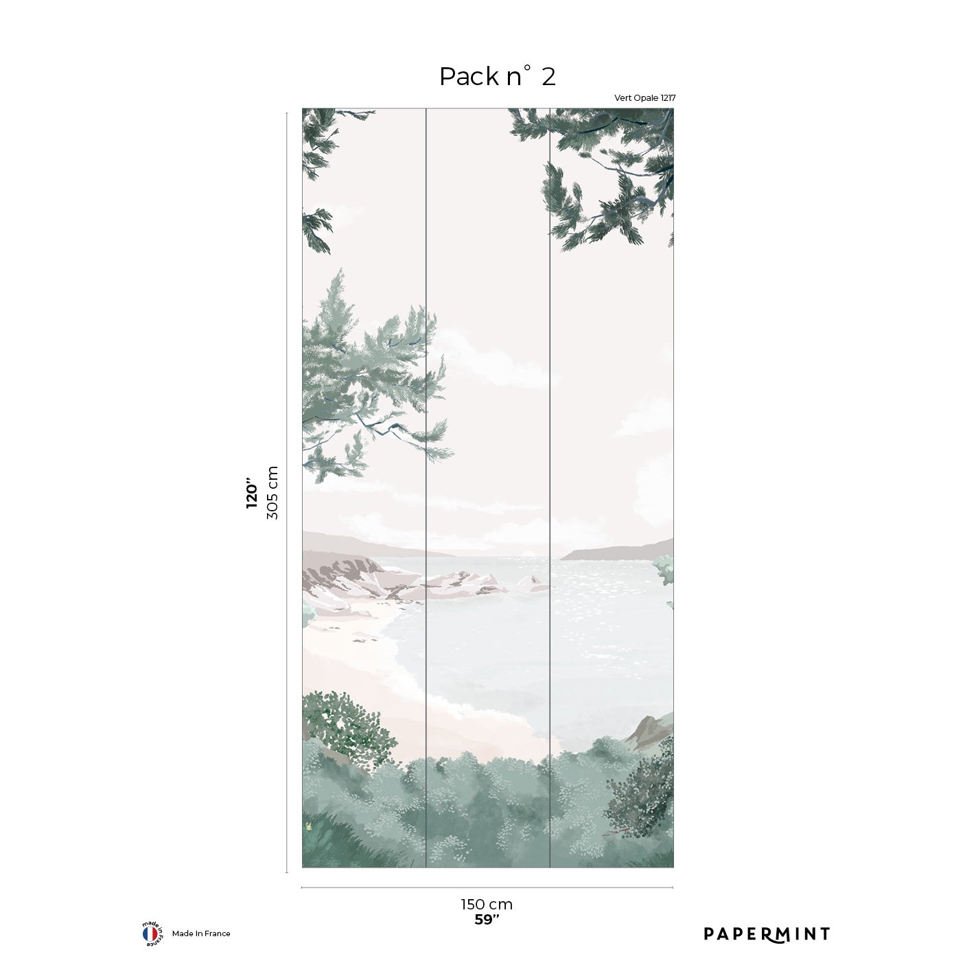 Four-panel wall mural of a muted coastal pine forest landscape in greens and blues.