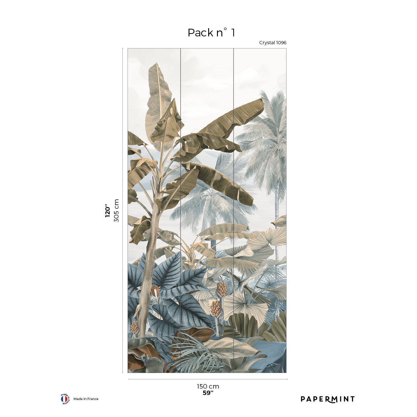 White tropical wall mural featuring banana leaves and palm fronds.