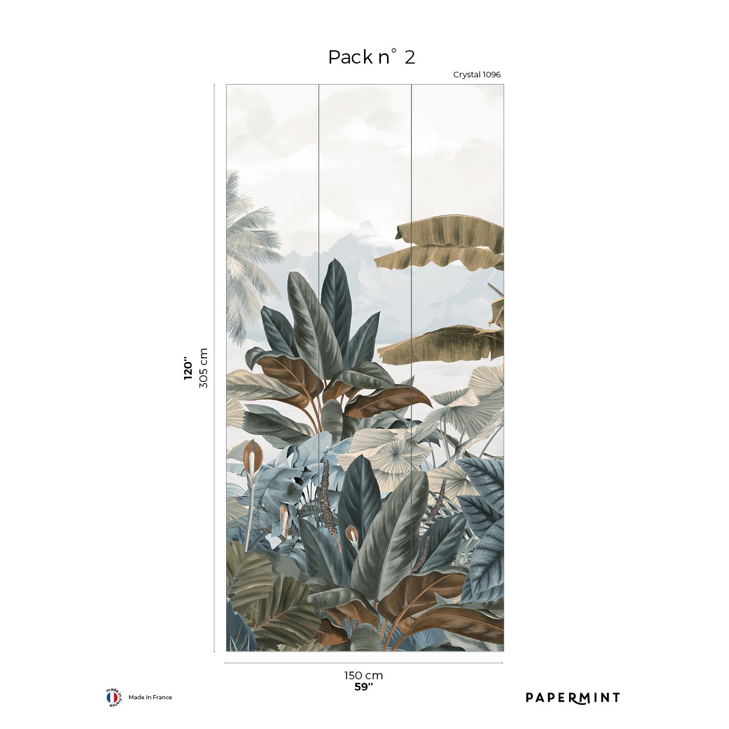 Triptych white wall mural of tropical leaves; three vertical panels form a lush jungle scene.