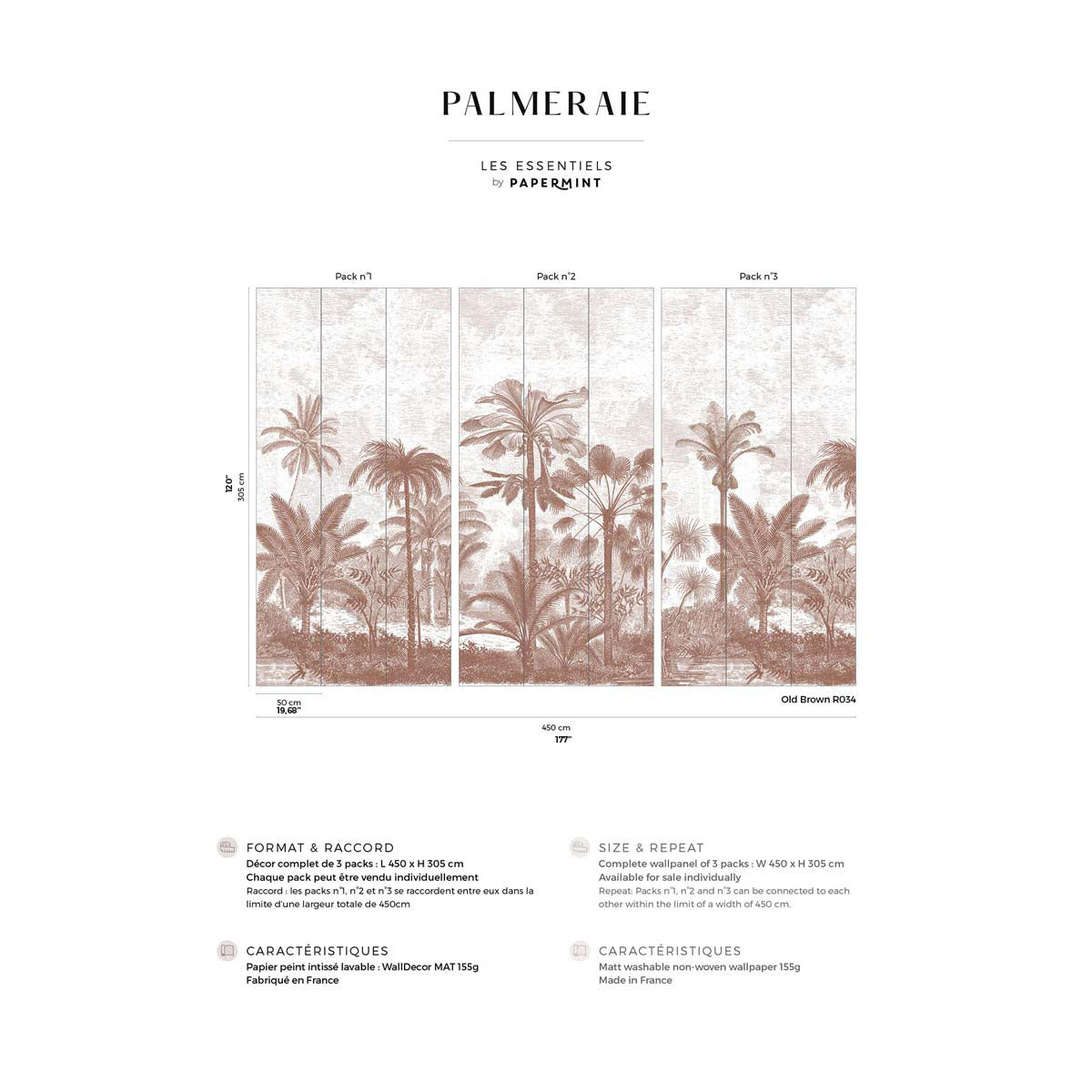 Set of four vertical palm-tree wall murals in old brown, vintage botanical print for walls.