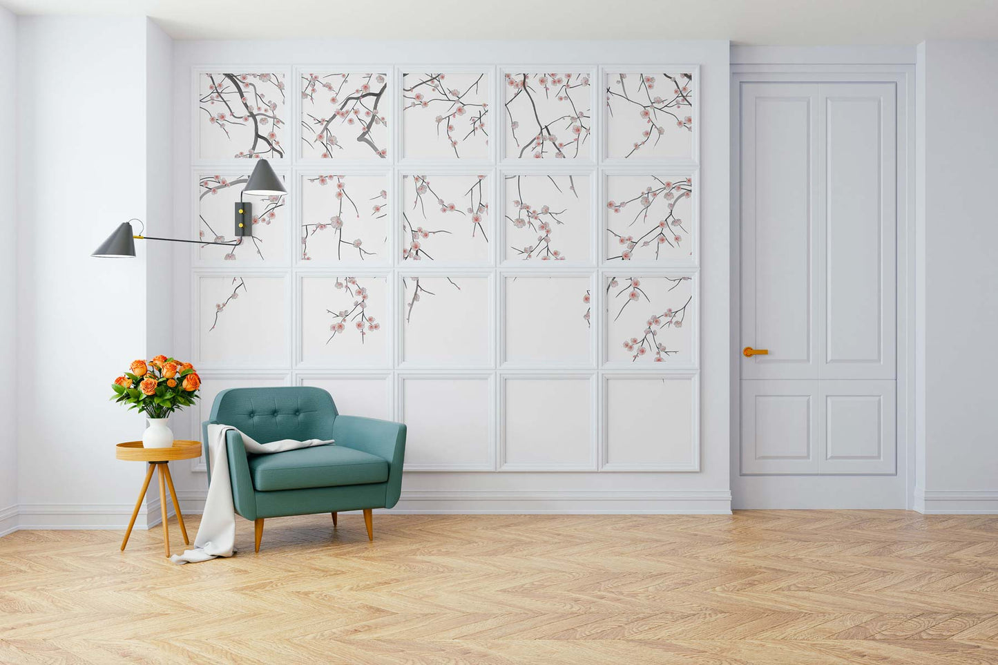 Veer Decor Sakura Pack 1 & 2 in White Wall Mural Botanical & Floral Mural White Mural - 8184-BDL-CW3