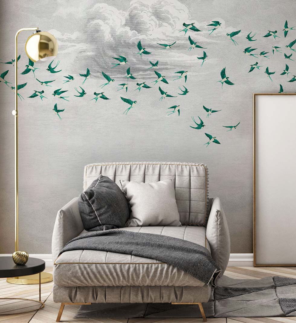 Veer Decor Swallow Clouds Pack 1 & 2 in Green Wall Mural Animals Mural Green Mural - 8184-BDL-CZ3