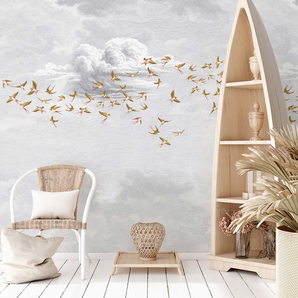 Veer Decor Swallow Clouds Pack 1 & 2 in Orange Wall Mural Animals Mural Orange Mural - 8184-BDL-CZ4