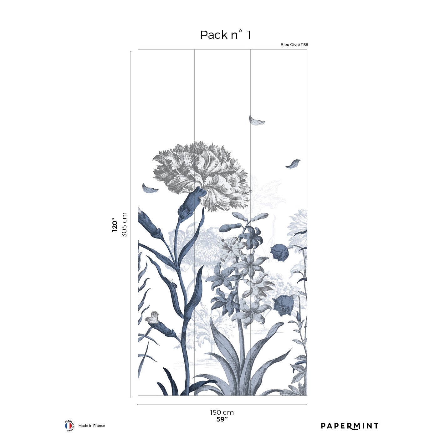 Blue-grey botanical mural triptych with tall stems and leaves on white, Pack 1.