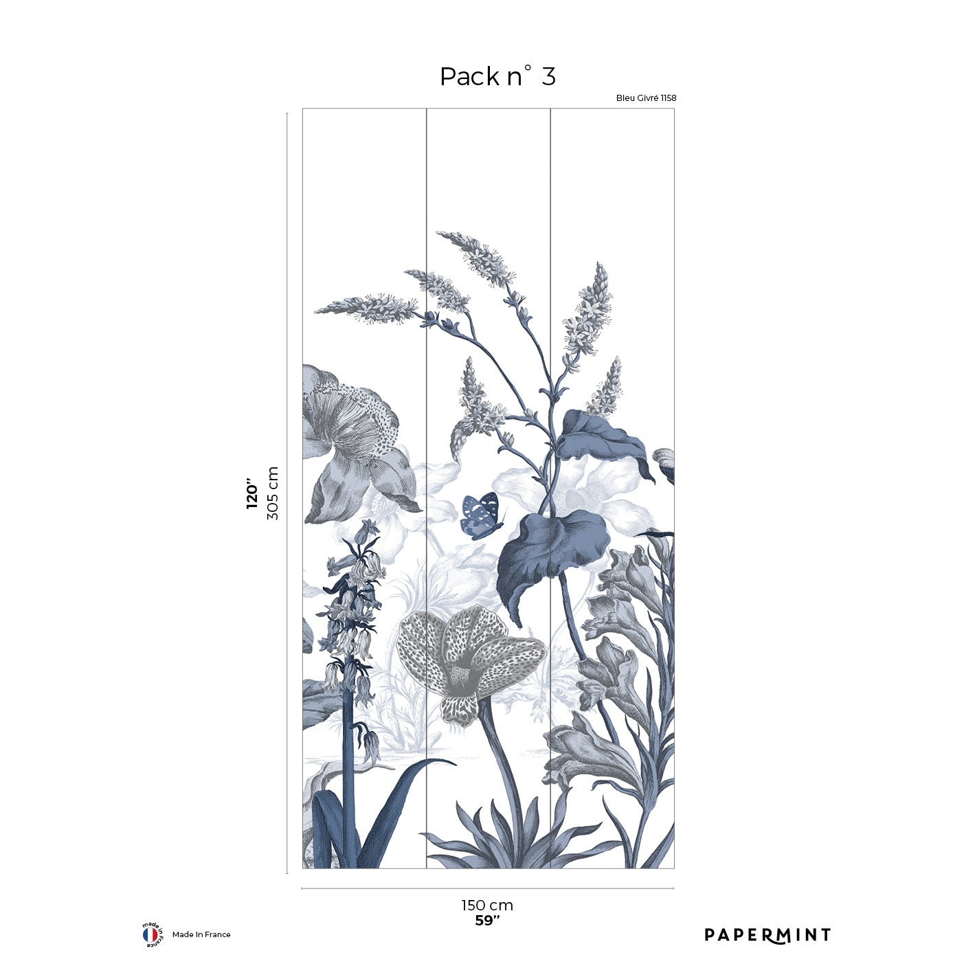 Veer Decor English Garden Pack 3 in Blue Wall Mural Botanical & Floral Mural Blue Mural - 8184-BK2-C