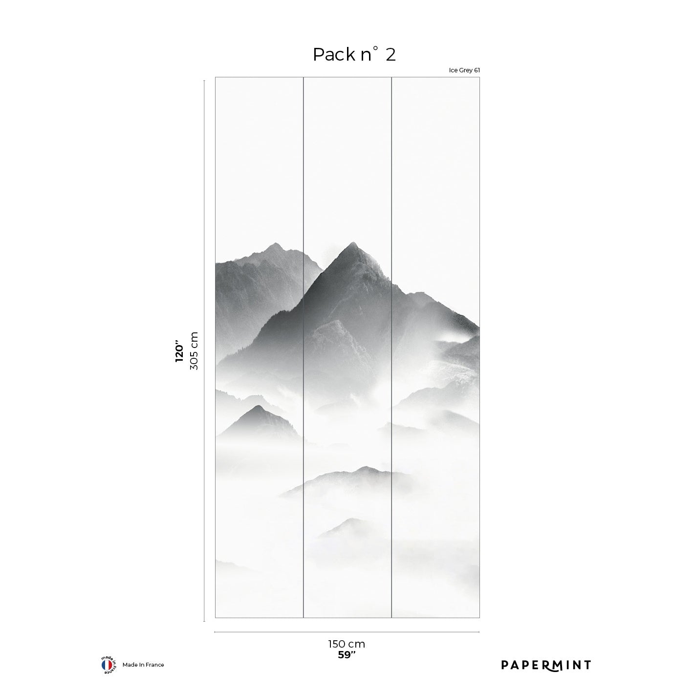 Gray wall mural showing a grayscale alpine mountain landscape in four vertical panels, 150 cm wide.