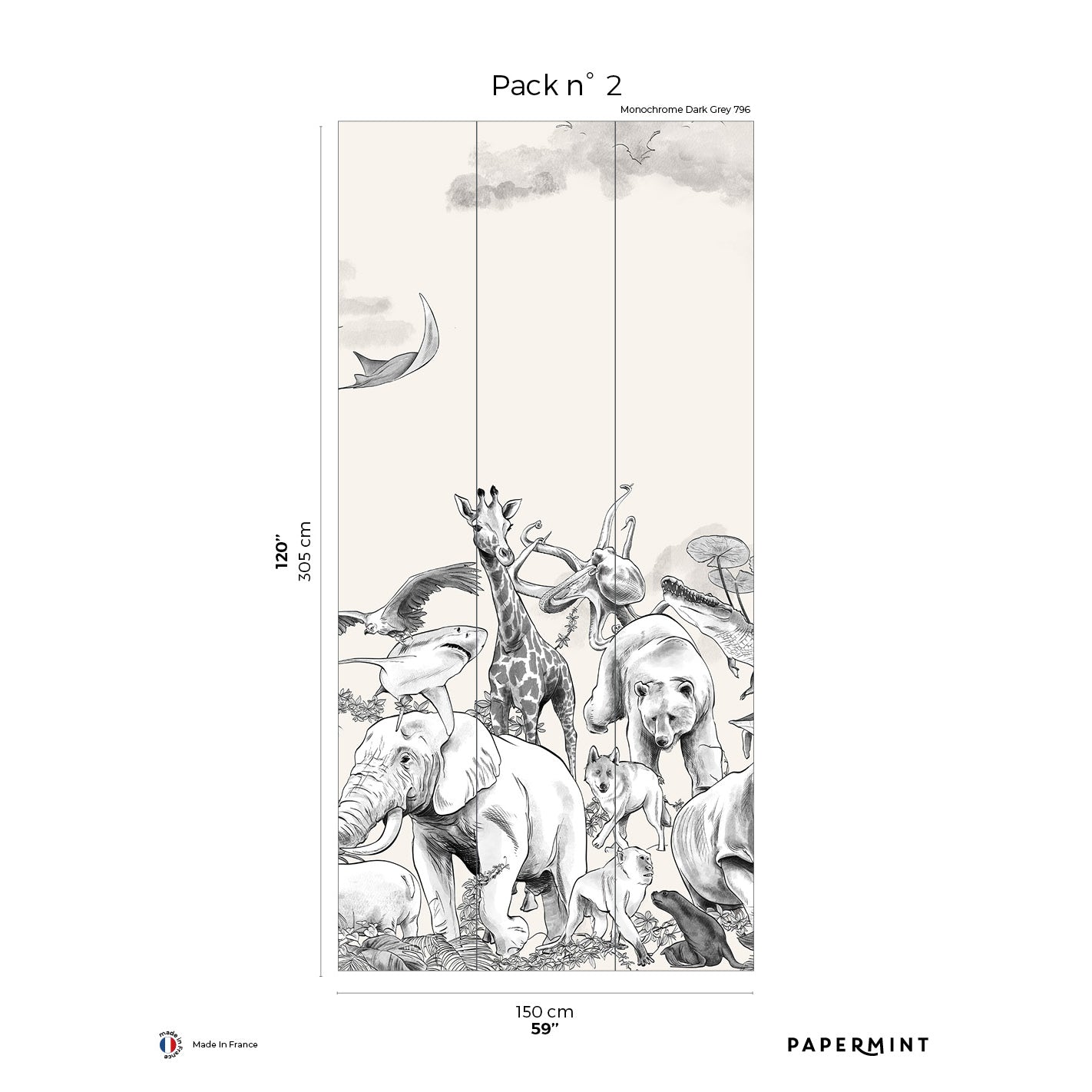 Veer Decor Noah Pack 2 in Gray Wall Mural Animals Mural Gray Mural - 8184-CI1-B