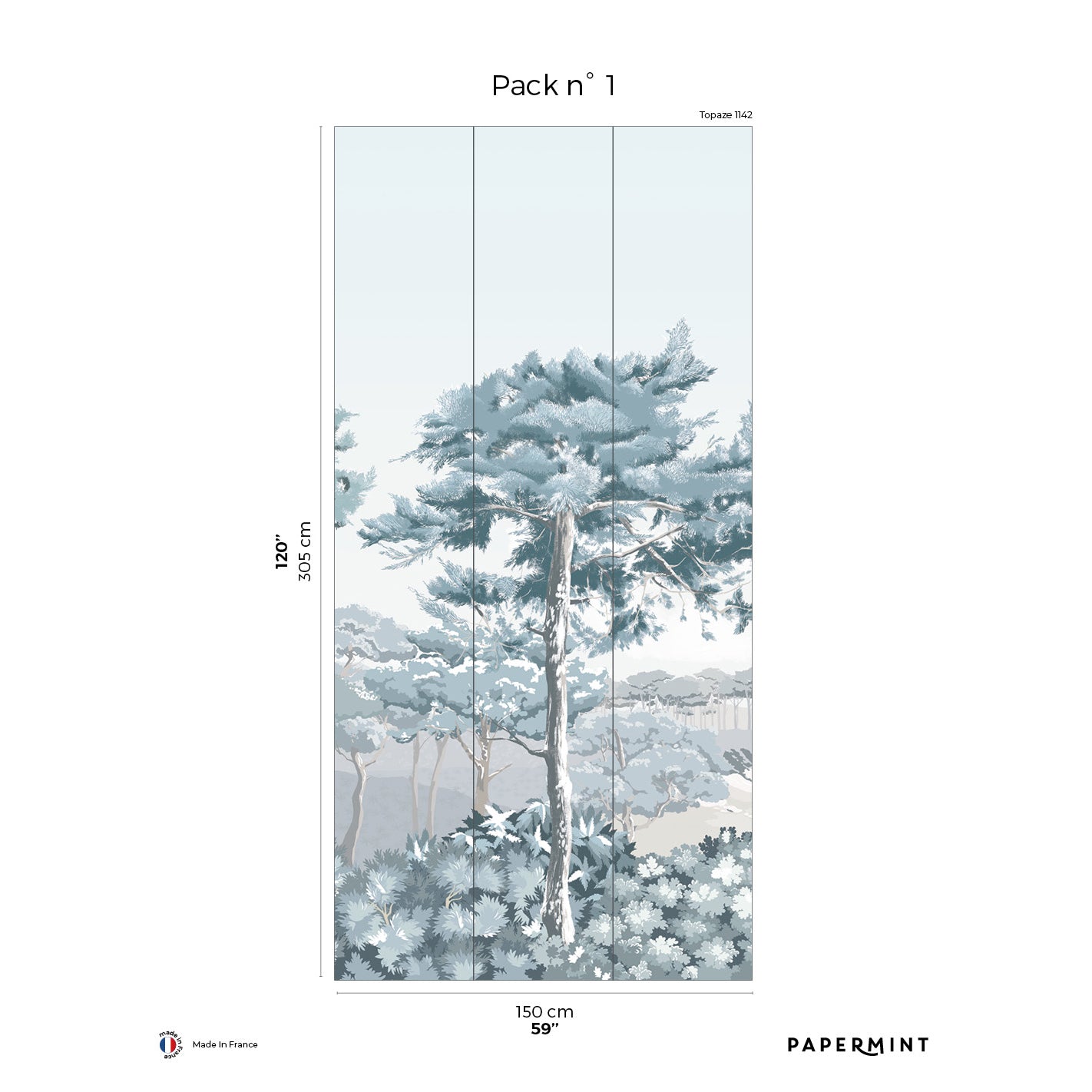 Four-panel blue pine forest snow mural for wall decor; Pack n°1