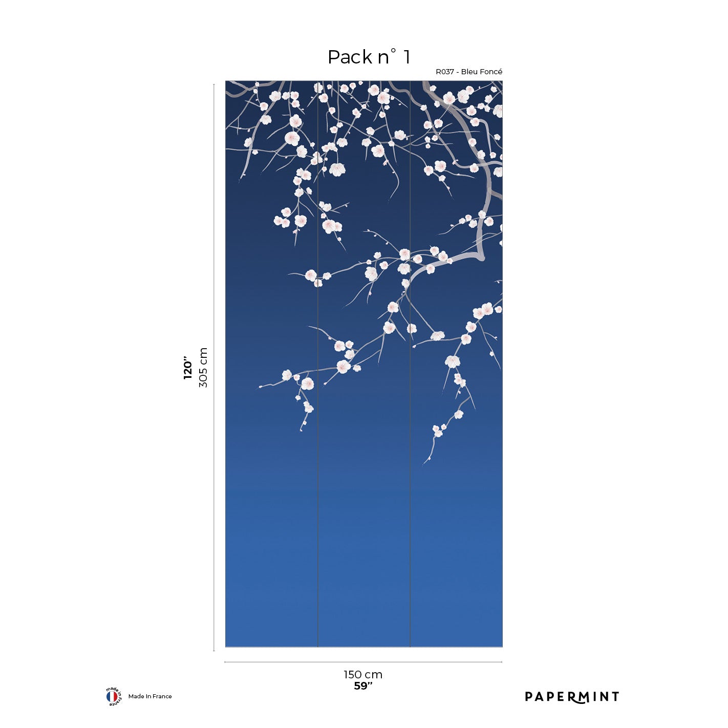 Vertical navy gradient wall mural with white cherry-blossom branches, modern botanical wall art; Pack n°1.