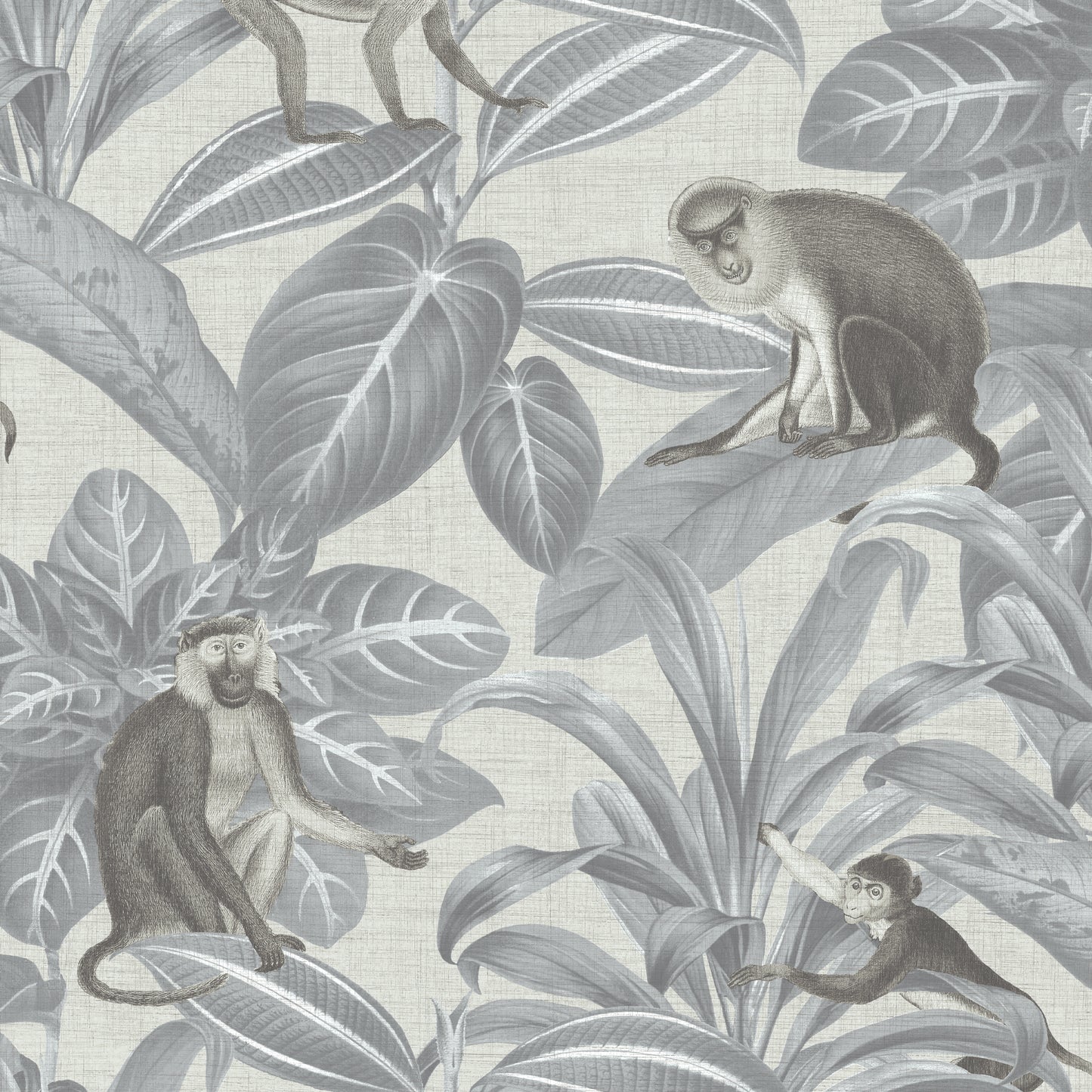 Muted gray-blue jungle wallpaper featuring stylized monkeys among large tropical leaves on a linen-like textured backdrop.