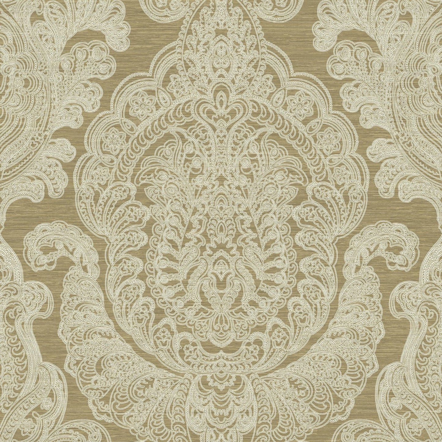 Beige damask wallpaper with ornate white floral paisley motifs on tan textured background.