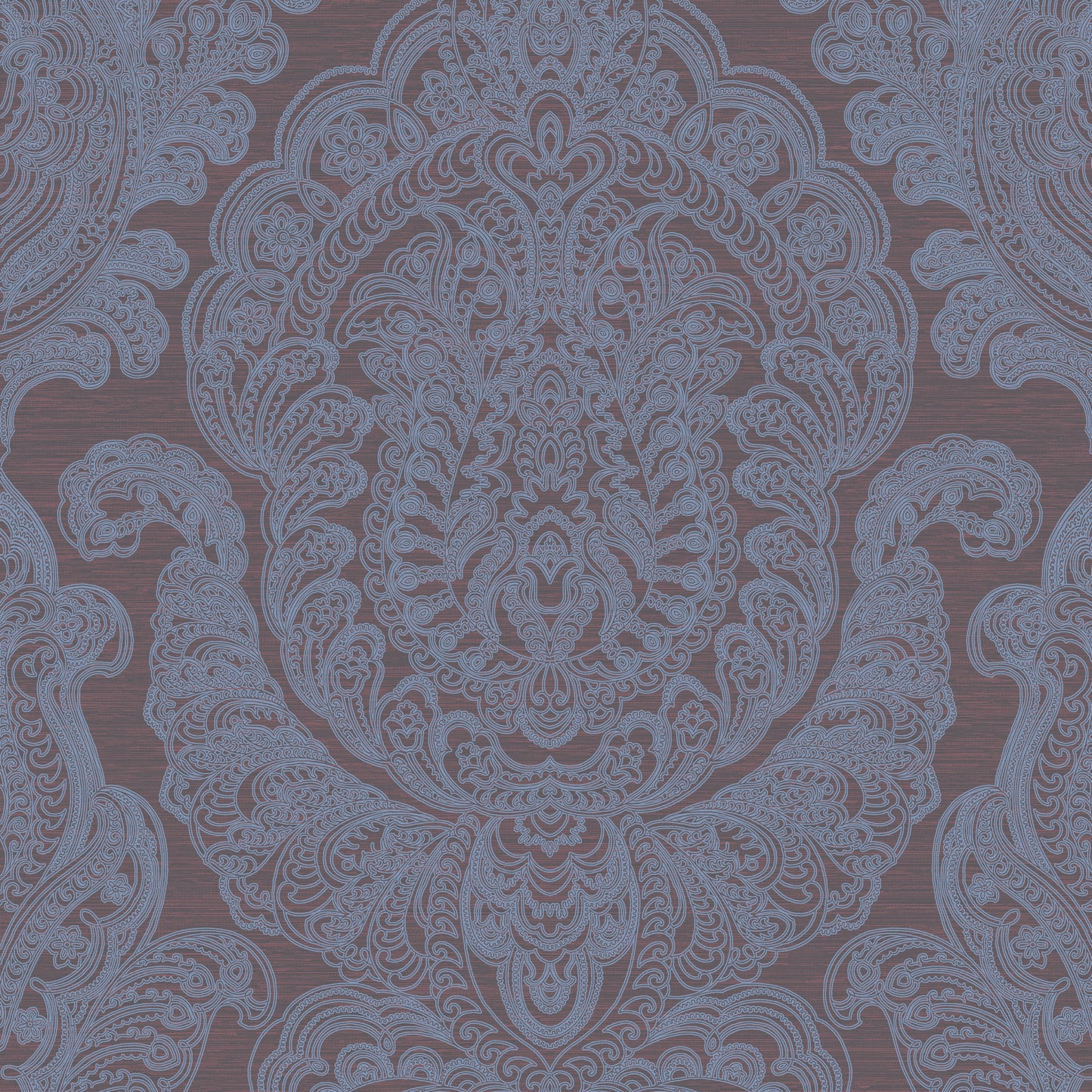 Light blue damask pattern on dark brown wood grain; ornate wallpaper-style design.