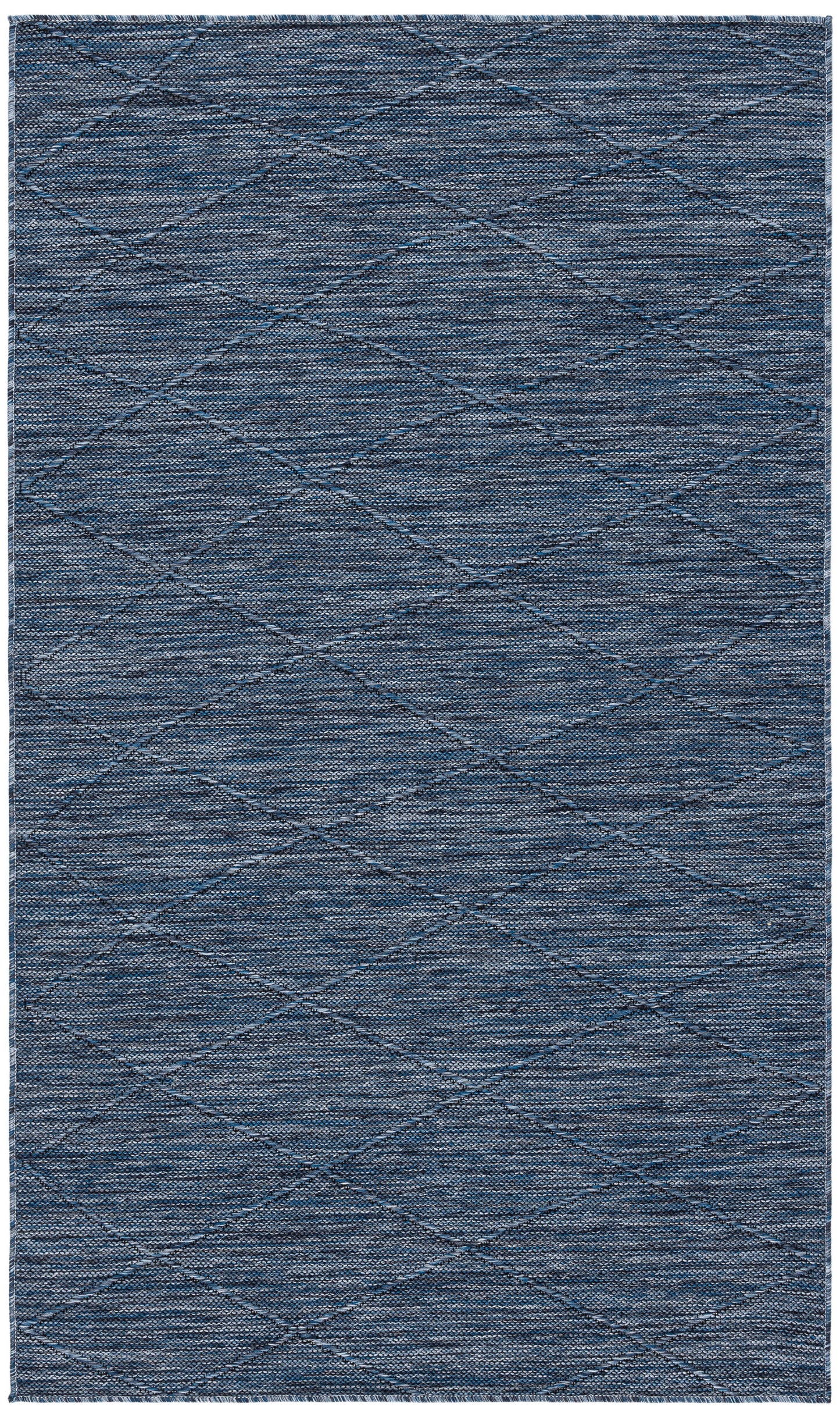 Rectangular denim blue area rug with a subtle diamond lattice pattern and soft woven texture.