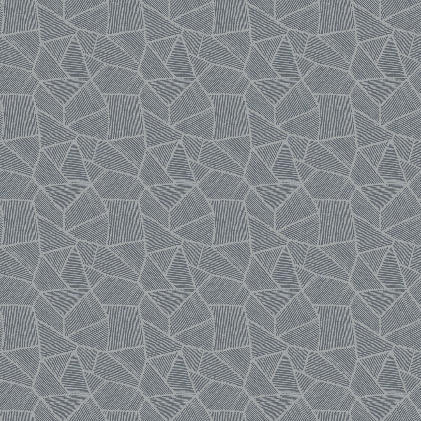 Blue-gray geometric wallpaper pattern with interlocking triangular shapes & striped fills; modern wallpaper design.