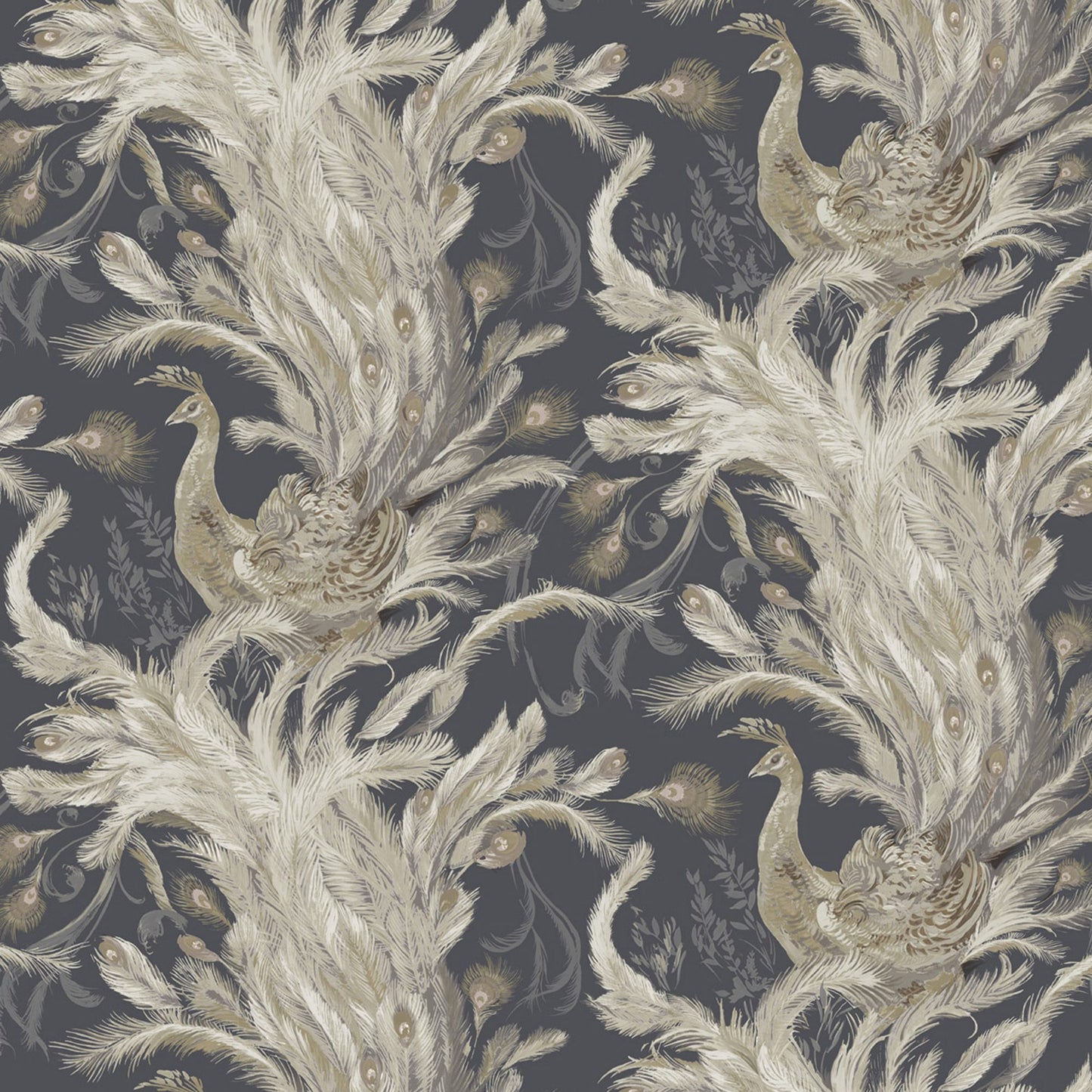 Dark gray wallpaper featuring cream peacocks with flowing feather motifs for an elegant botanical accent.
