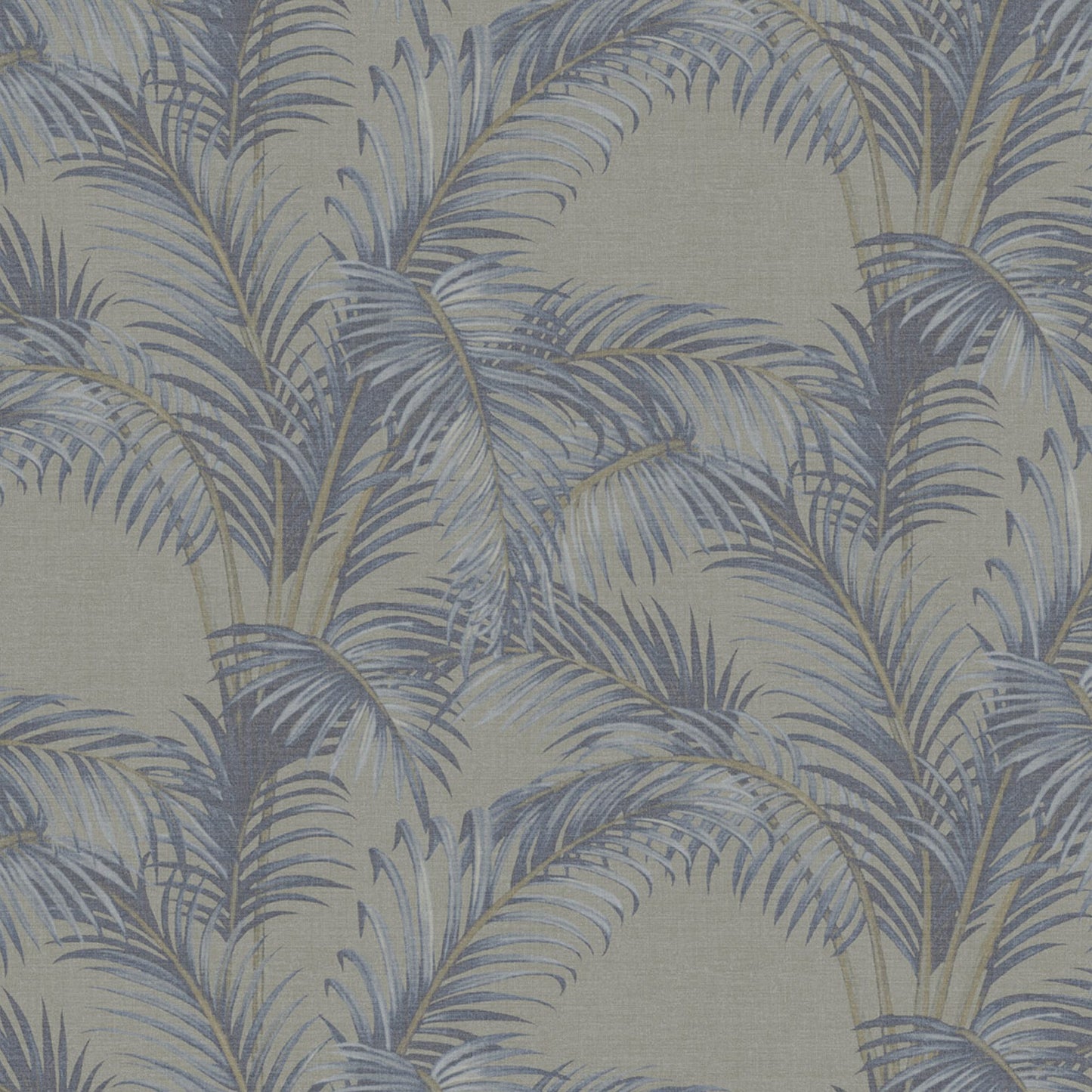 Beige linen-textured wallpaper with blue-gray palm leaf pattern for tropical wall covering.