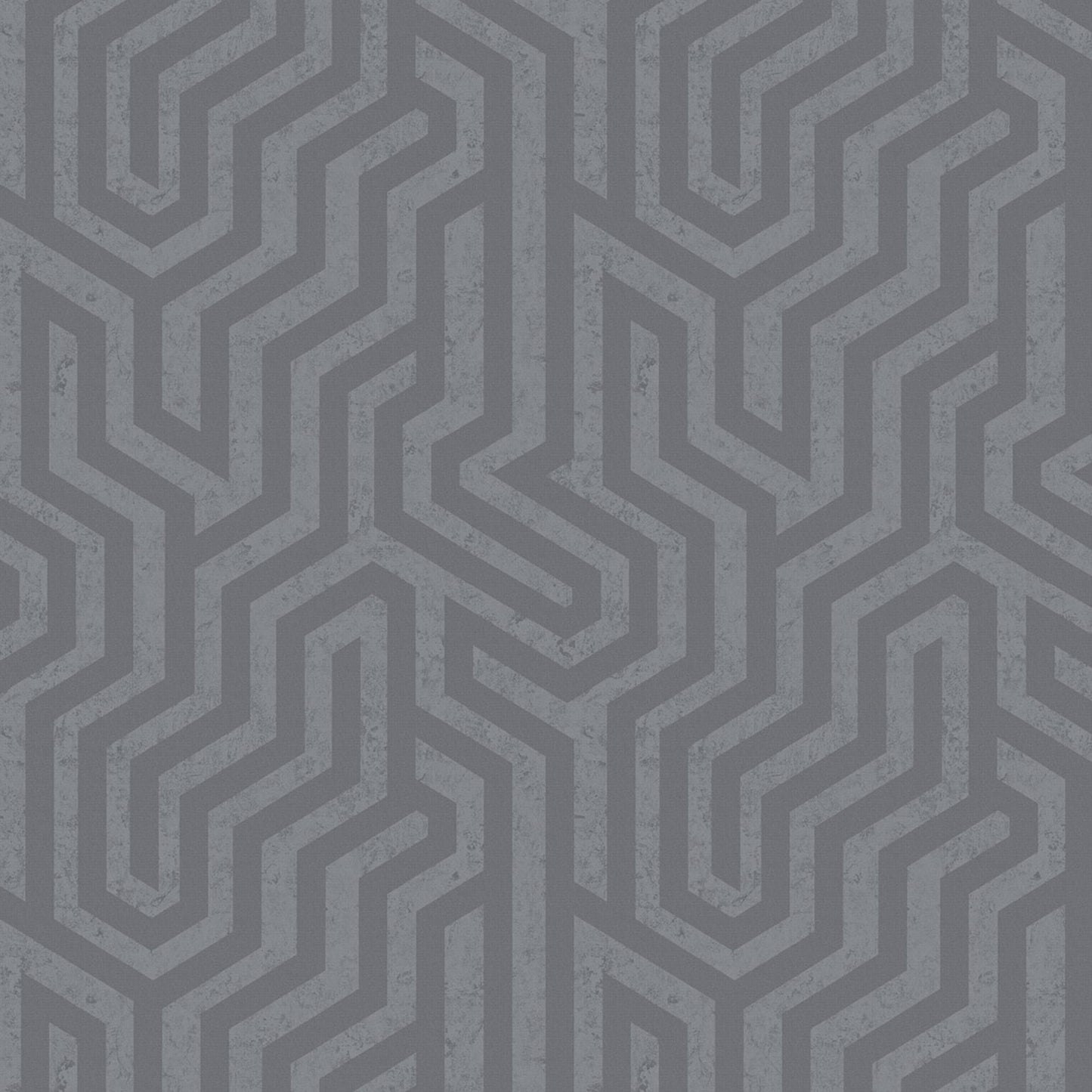 Gray geometric maze wallpaper with distressed texture and interlocking angular lines.