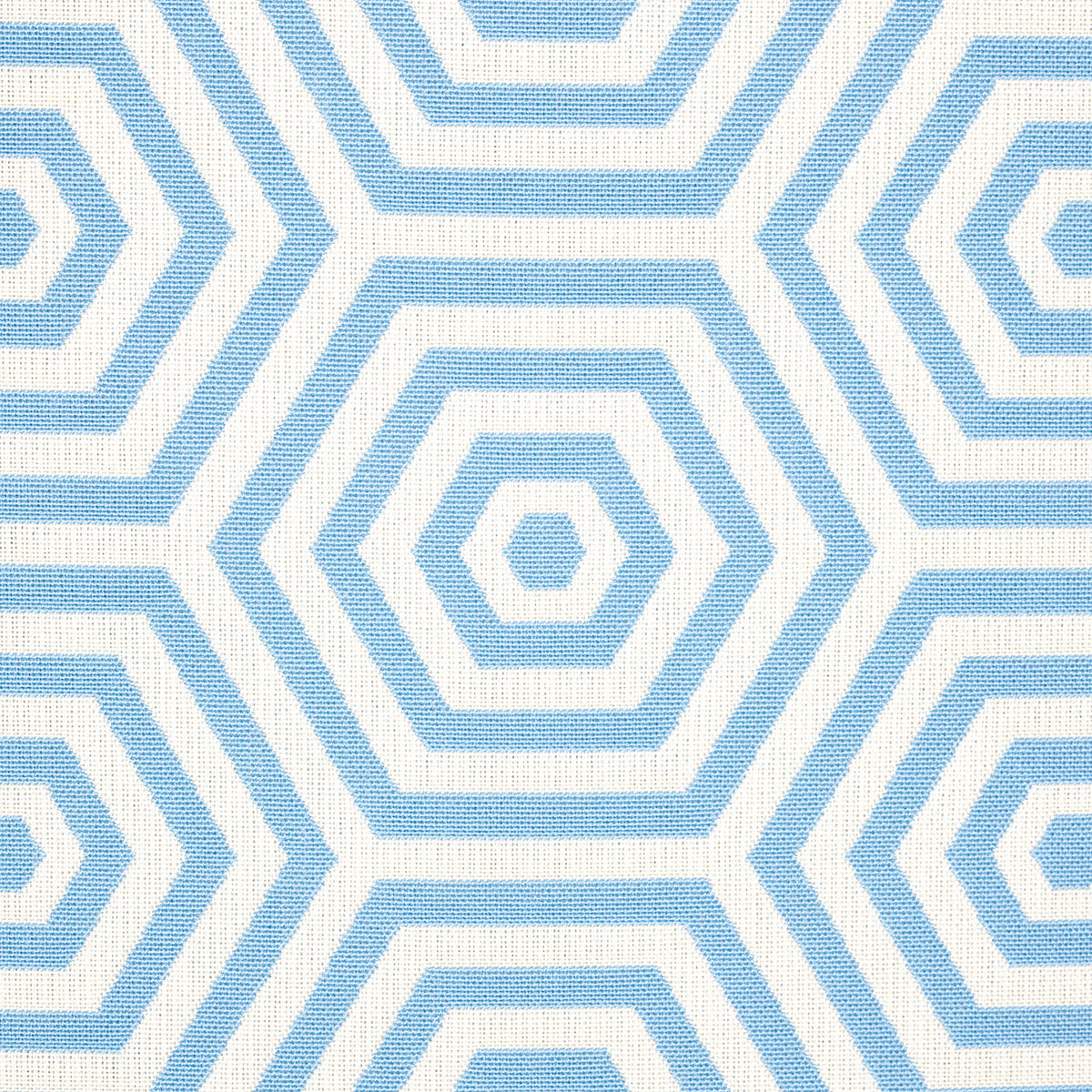 Light blue textile with a repeating geometric hexagon pattern in darker blue.