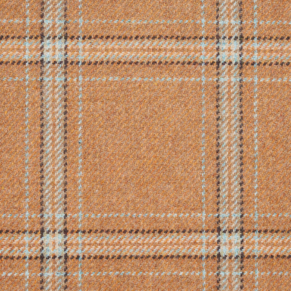 Orange plaid fabric with brown and light blue stripes; soft wool/flannel texture for garments or blankets.