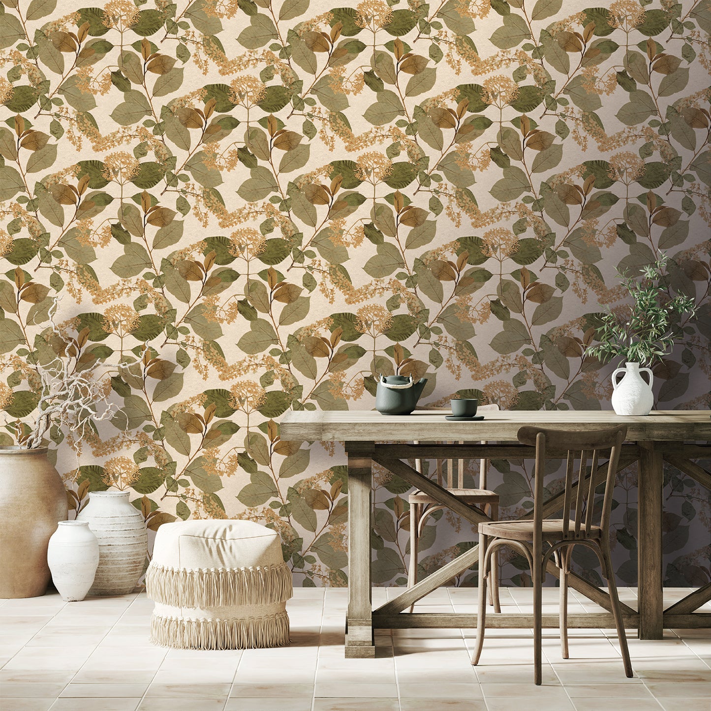 Rustic dining area featuring apricot orange floral wallpaper, wooden trestle table, ceramic vases & a woven pouf.