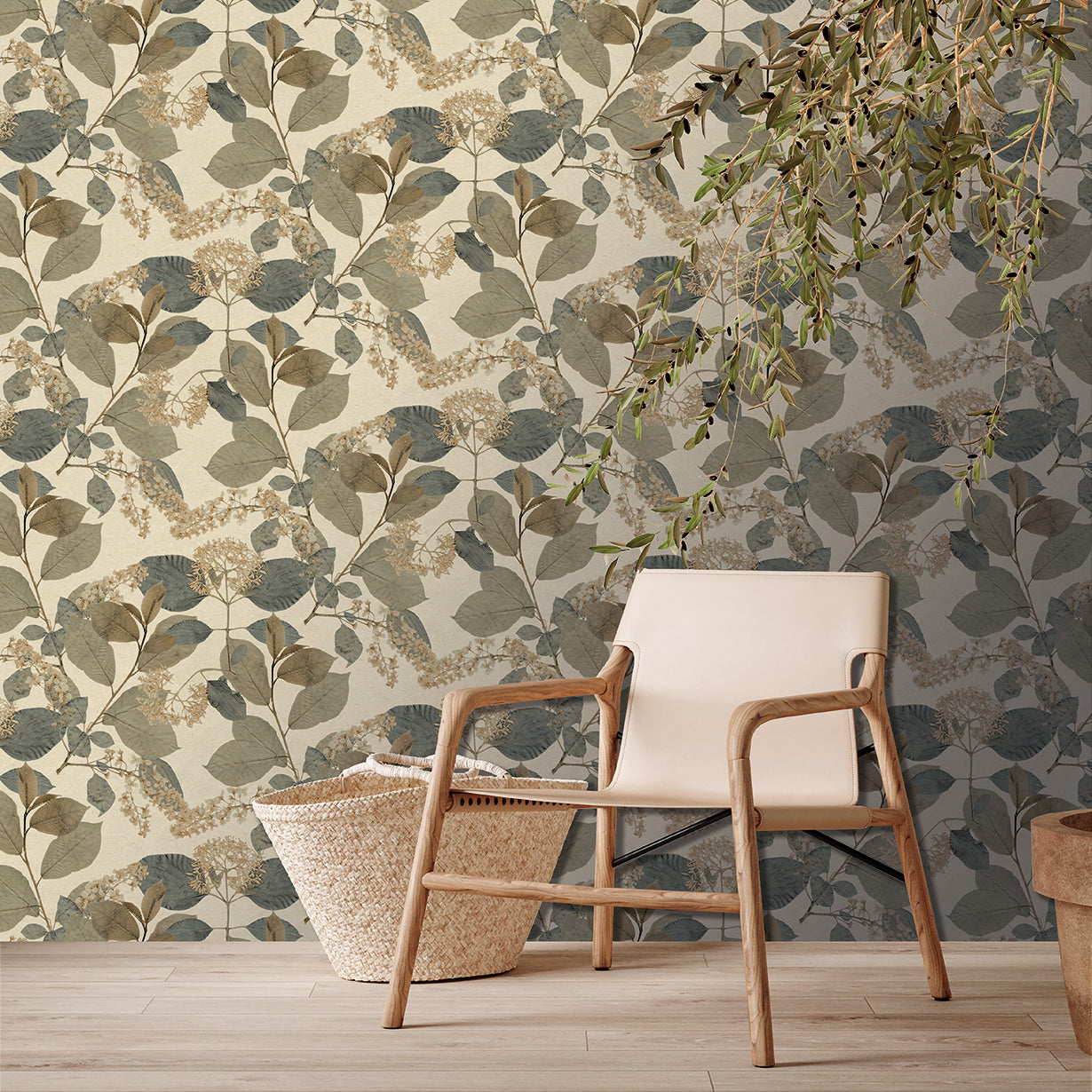 Blue-beige floral wallpaper with a leafy botanical pattern.