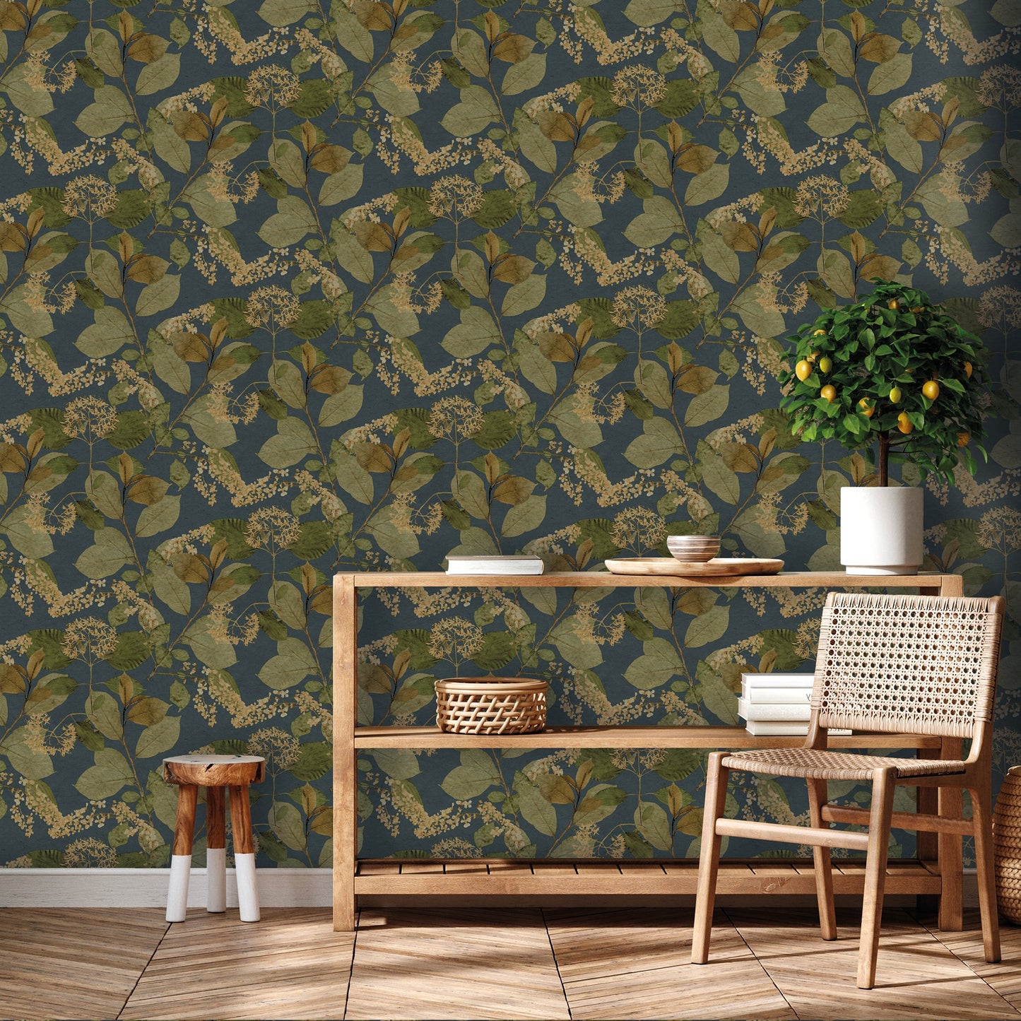 Midnight blue wallpaper with a floral botanical pattern.