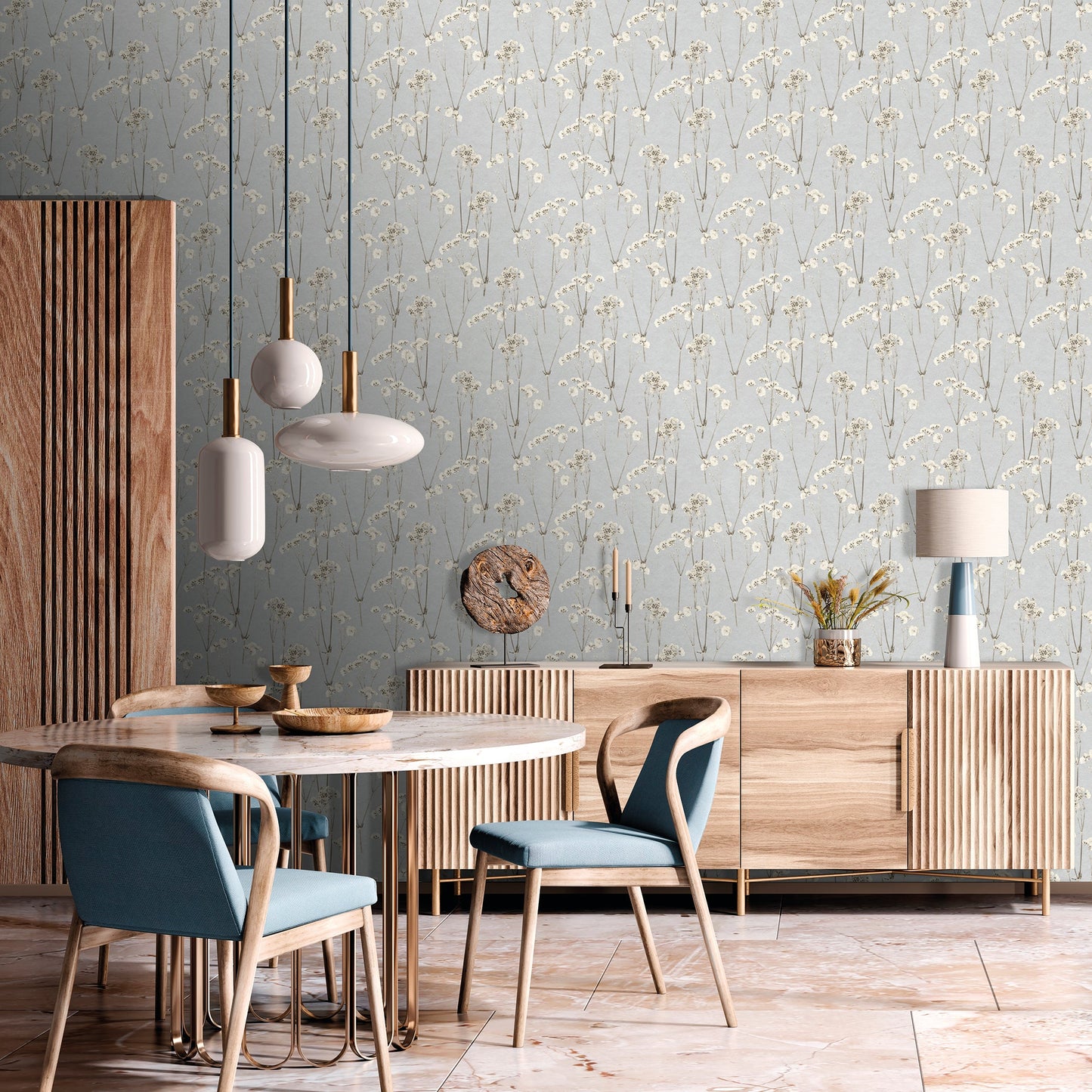 Blue floral wallpaper in cashmere tones with a traditional/transitional design.